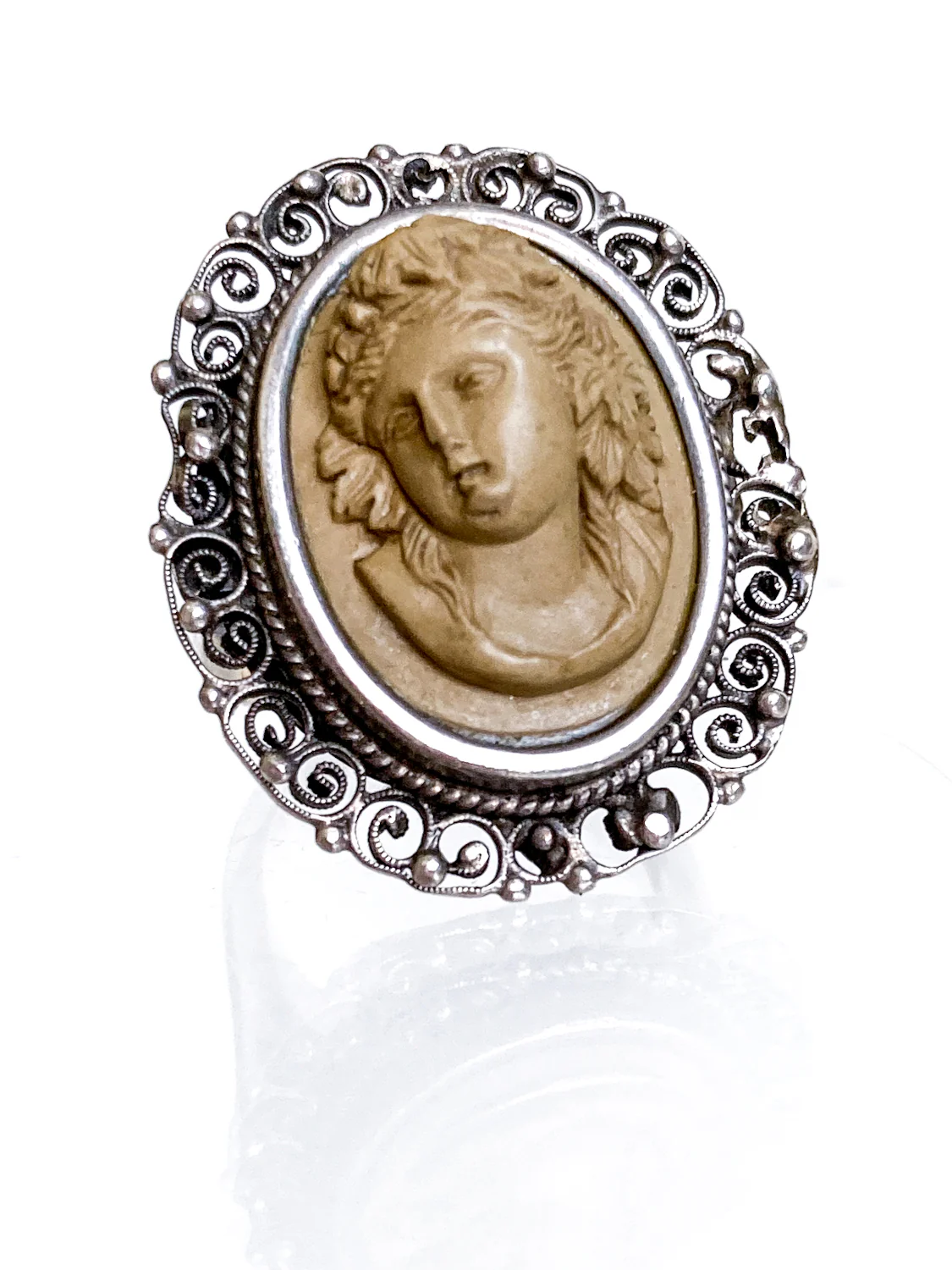 Antique Victorian Gold Sterling Silver Filigree Lava Stone Cameo Ring - Image 14