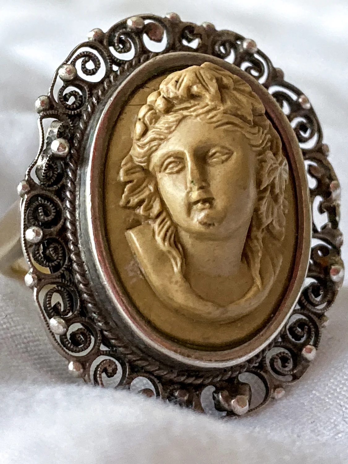 Antique Victorian Gold Sterling Silver Filigree Lava Stone Cameo Ring - Image 17