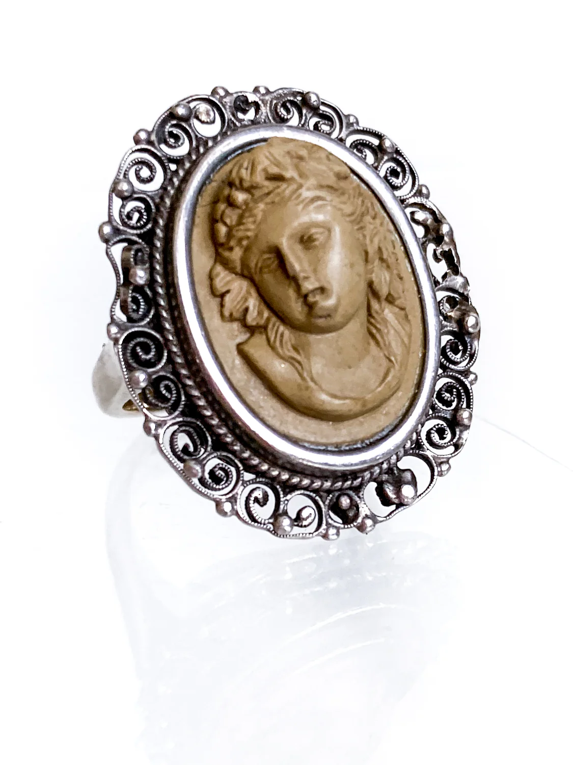 Antique Victorian Gold Sterling Silver Filigree Lava Stone Cameo Ring - Image 18