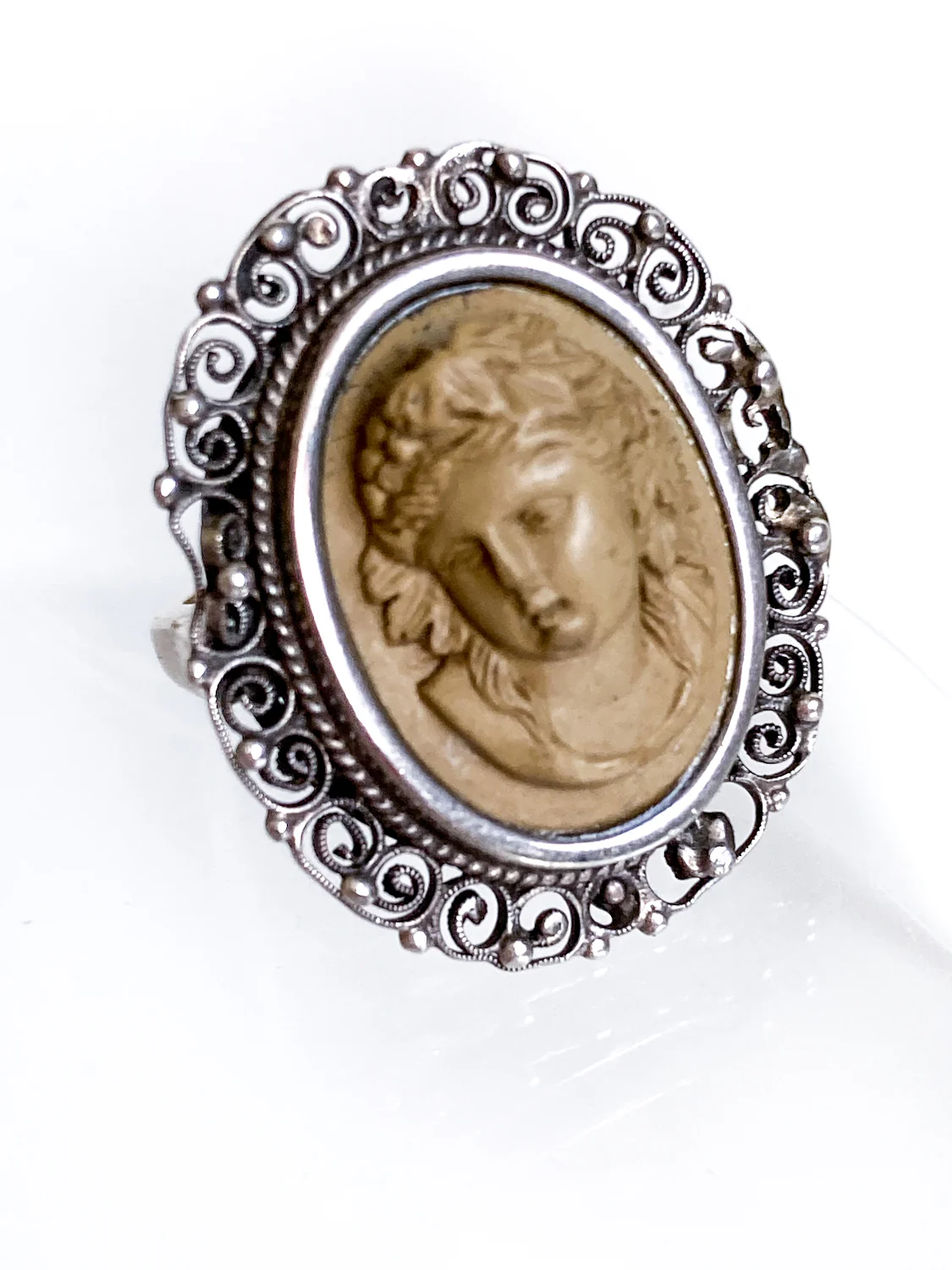 Antique Victorian Gold Sterling Silver Filigree Lava Stone Cameo Ring - Image 19