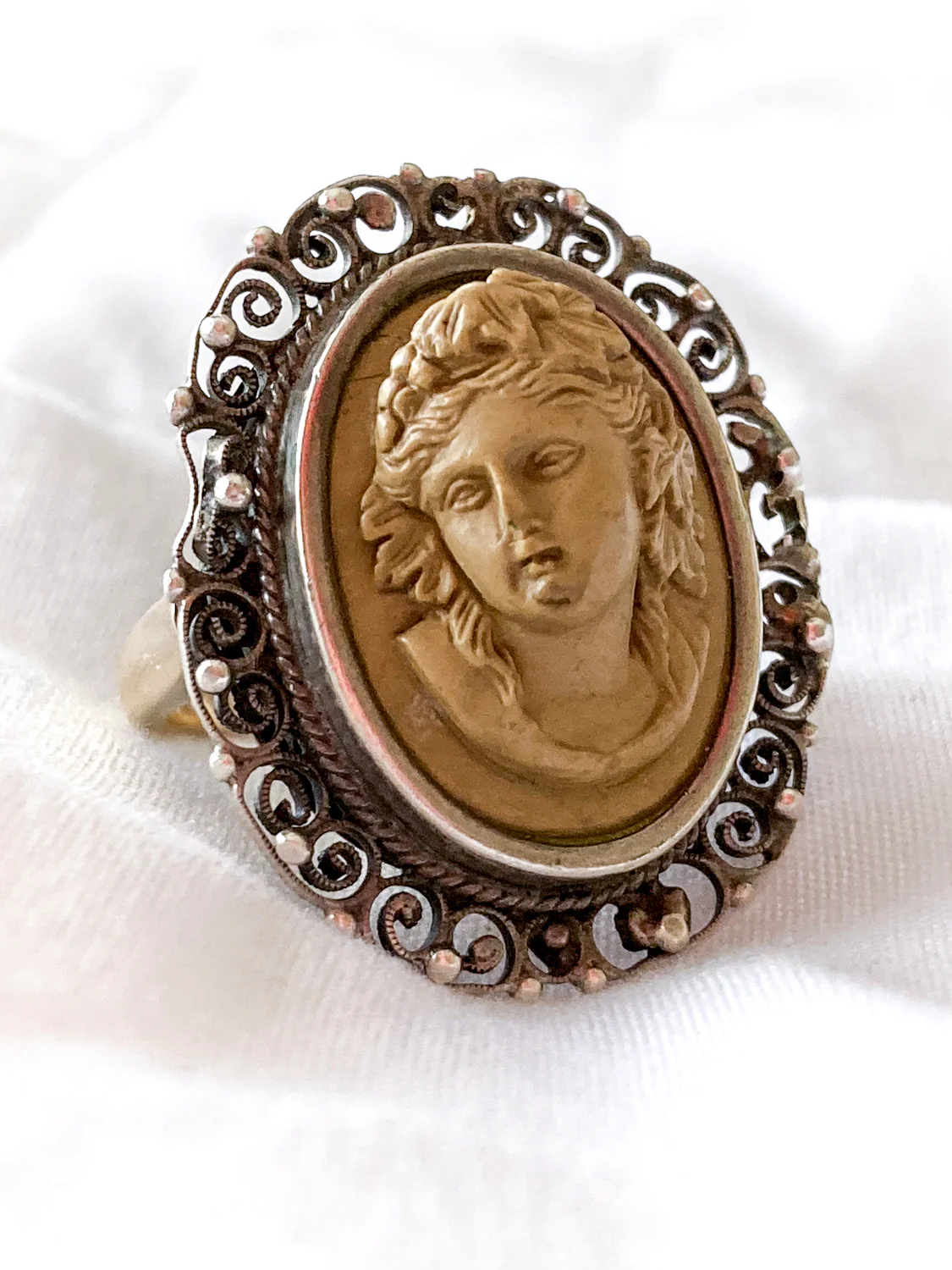 Antique Victorian Gold Sterling Silver Filigree Lava Stone Cameo Ring - Image 24