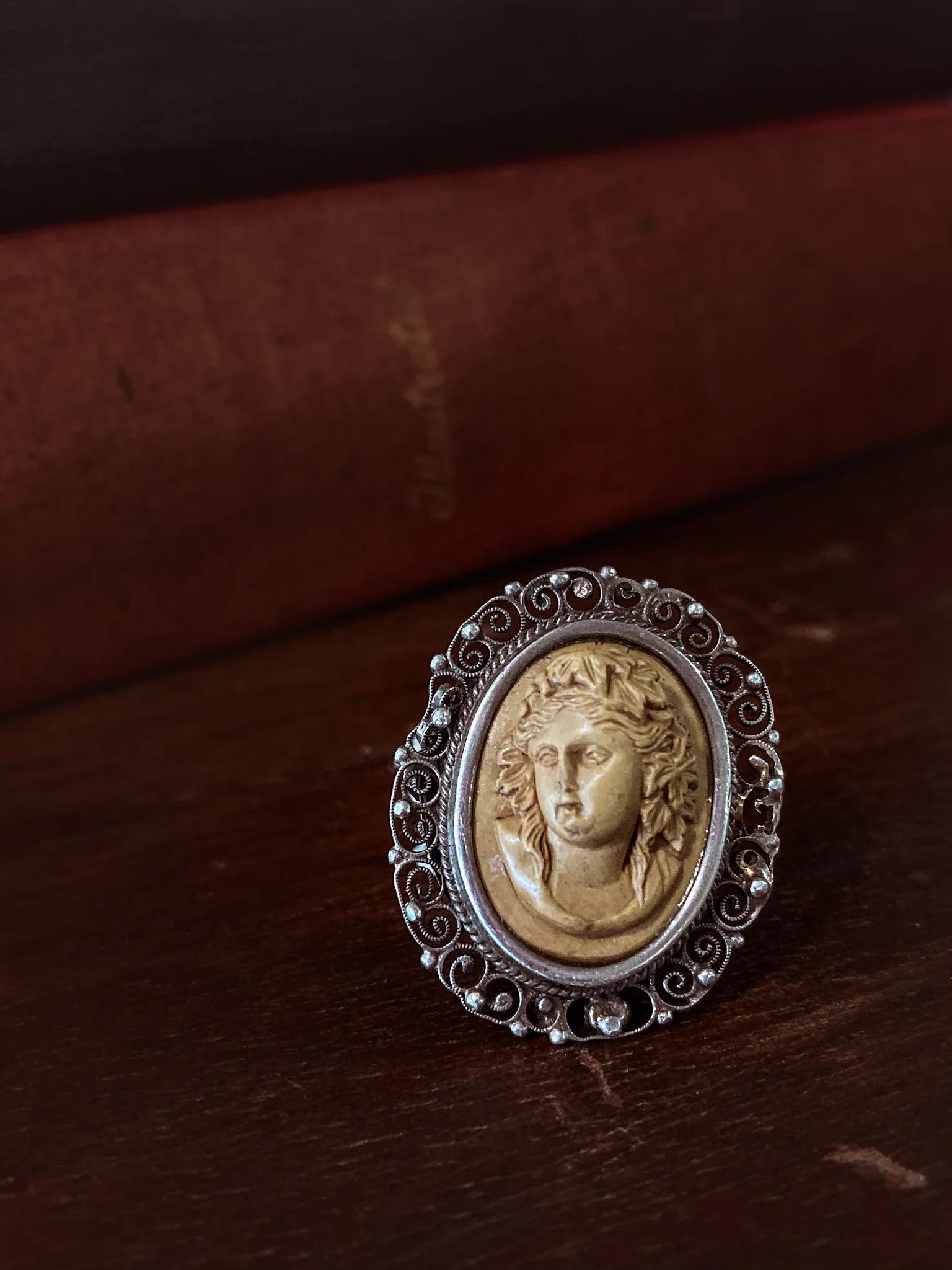 Antique Victorian Gold Sterling Silver Filigree Lava Stone Cameo Ring - Image 3