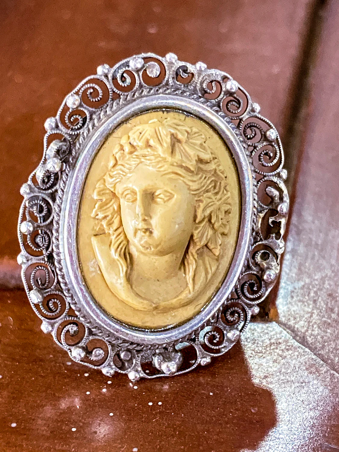 Antique Victorian Gold Sterling Silver Filigree Lava Stone Cameo Ring - Image 5