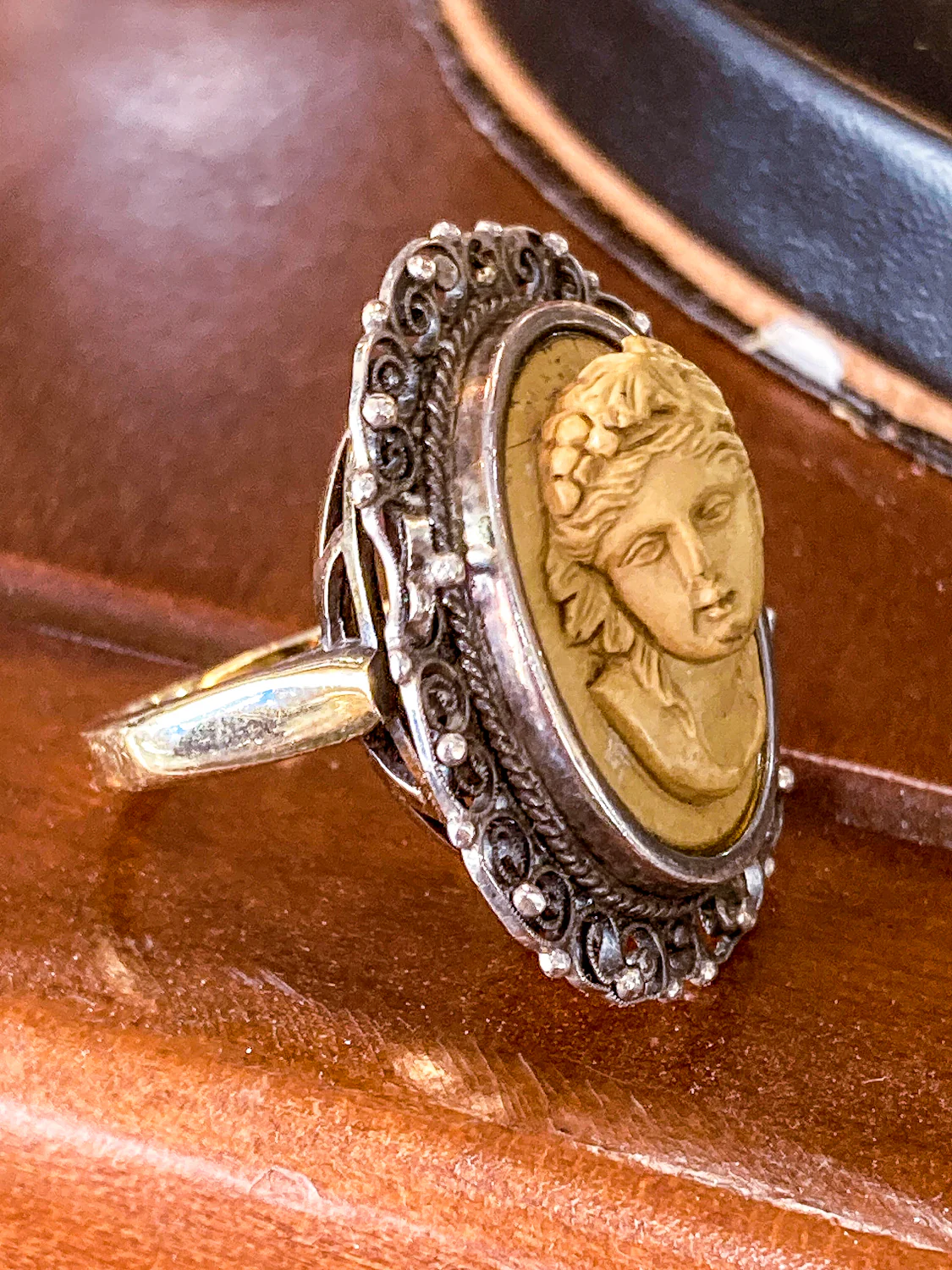 Antique Victorian Gold Sterling Silver Filigree Lava Stone Cameo Ring - Image 6