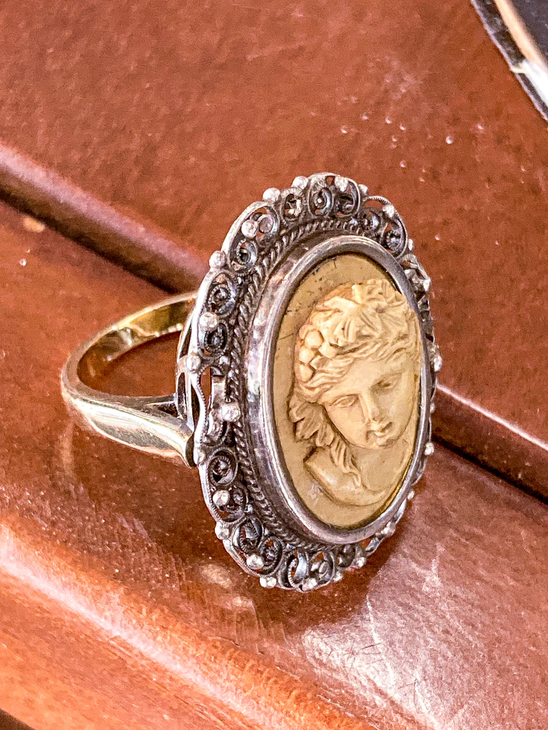 Antique Victorian Gold Sterling Silver Filigree Lava Stone Cameo Ring - Image 7