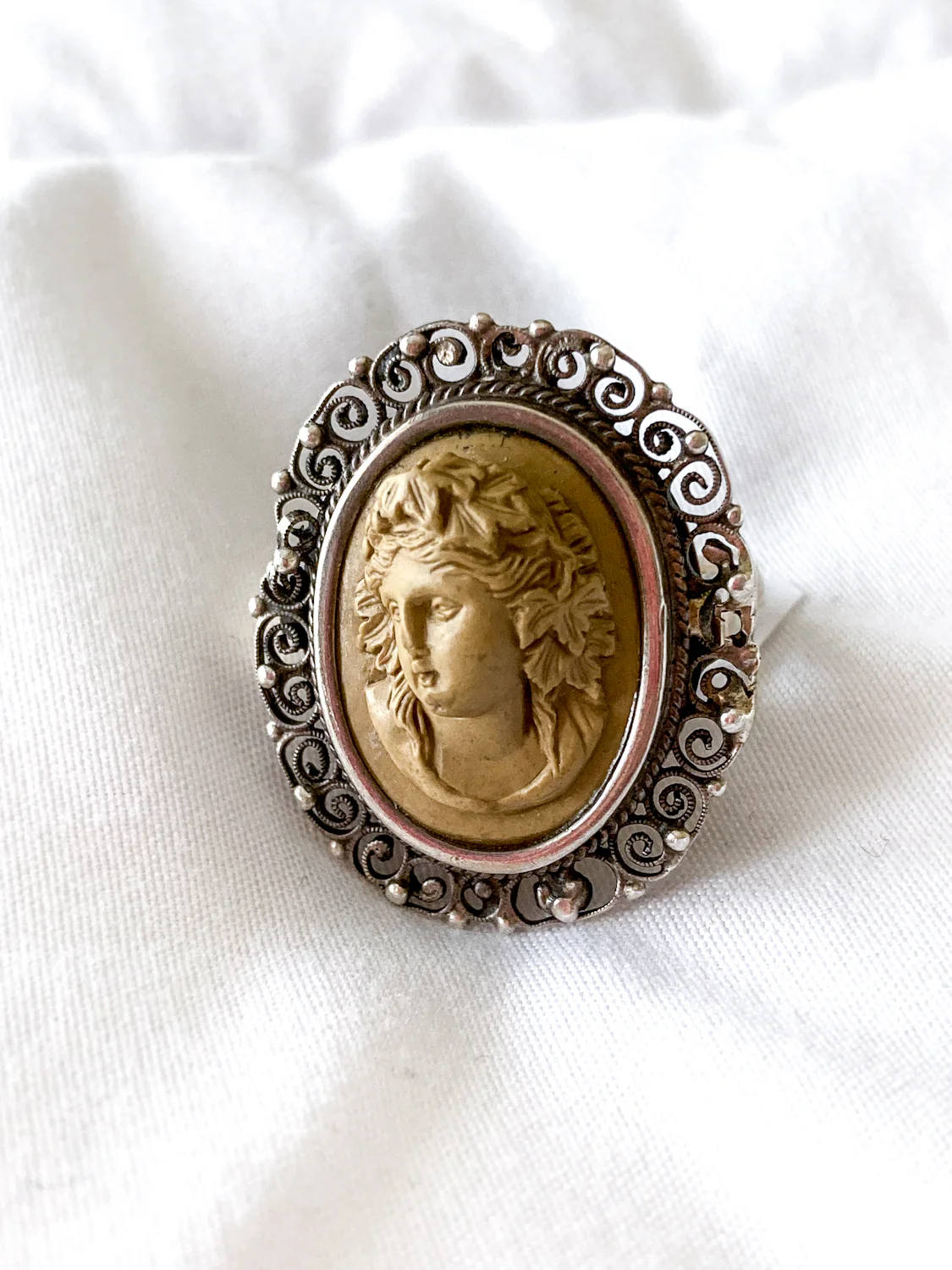 Antique Victorian Gold Sterling Silver Filigree Lava Stone Cameo Ring - Image 8