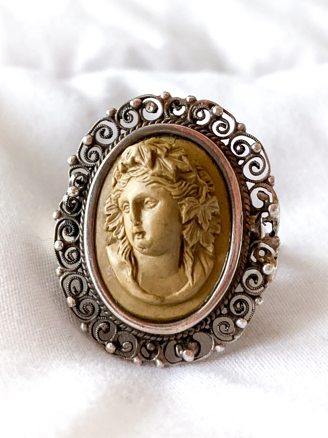 Antique Victorian Gold Sterling Silver Filigree Lava Stone Cameo Ring - Image 9