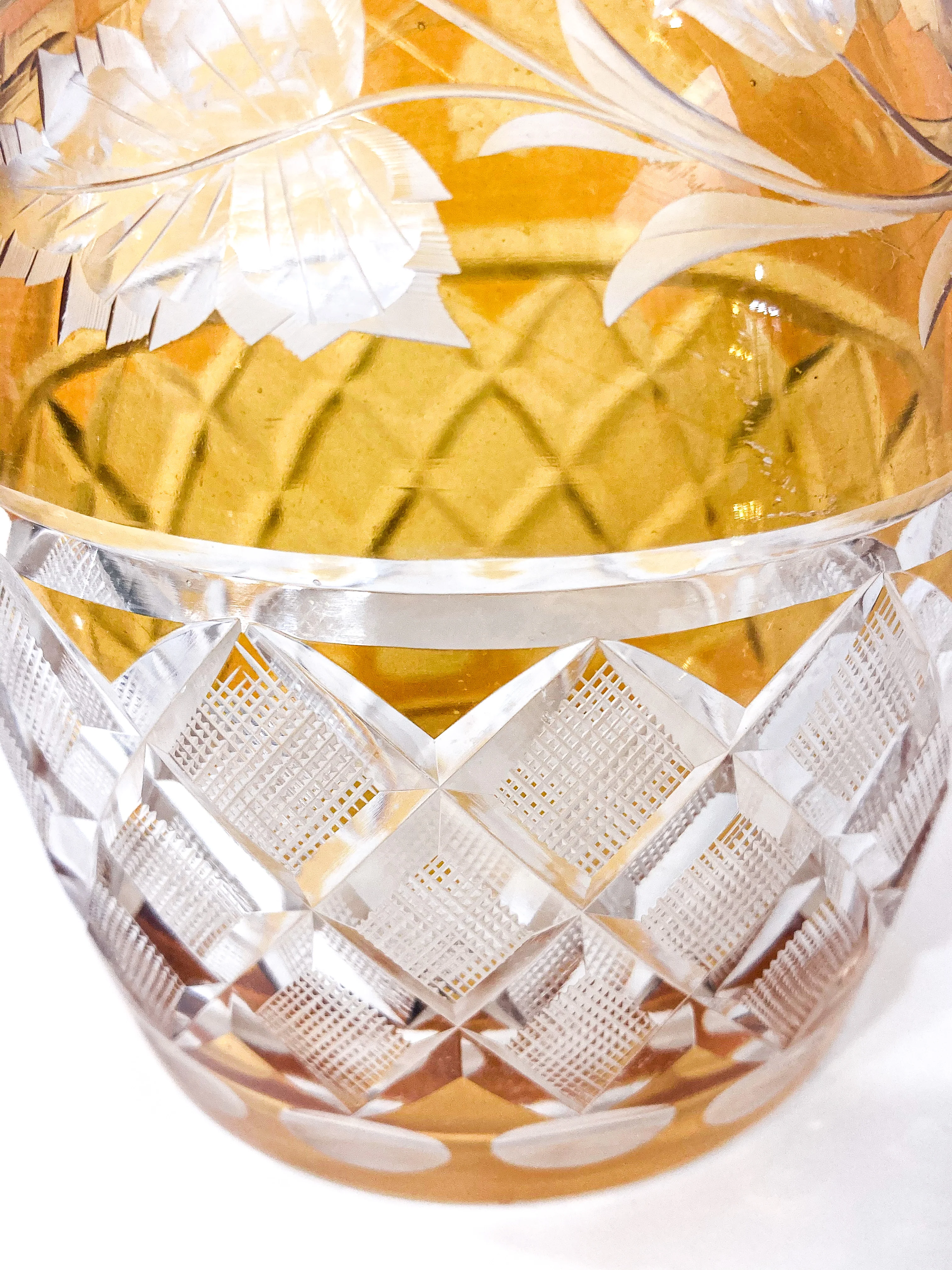 Antique Amber Glass Cut To Clear Floral Vine Motif Mushroom Top Decanter - Image 10