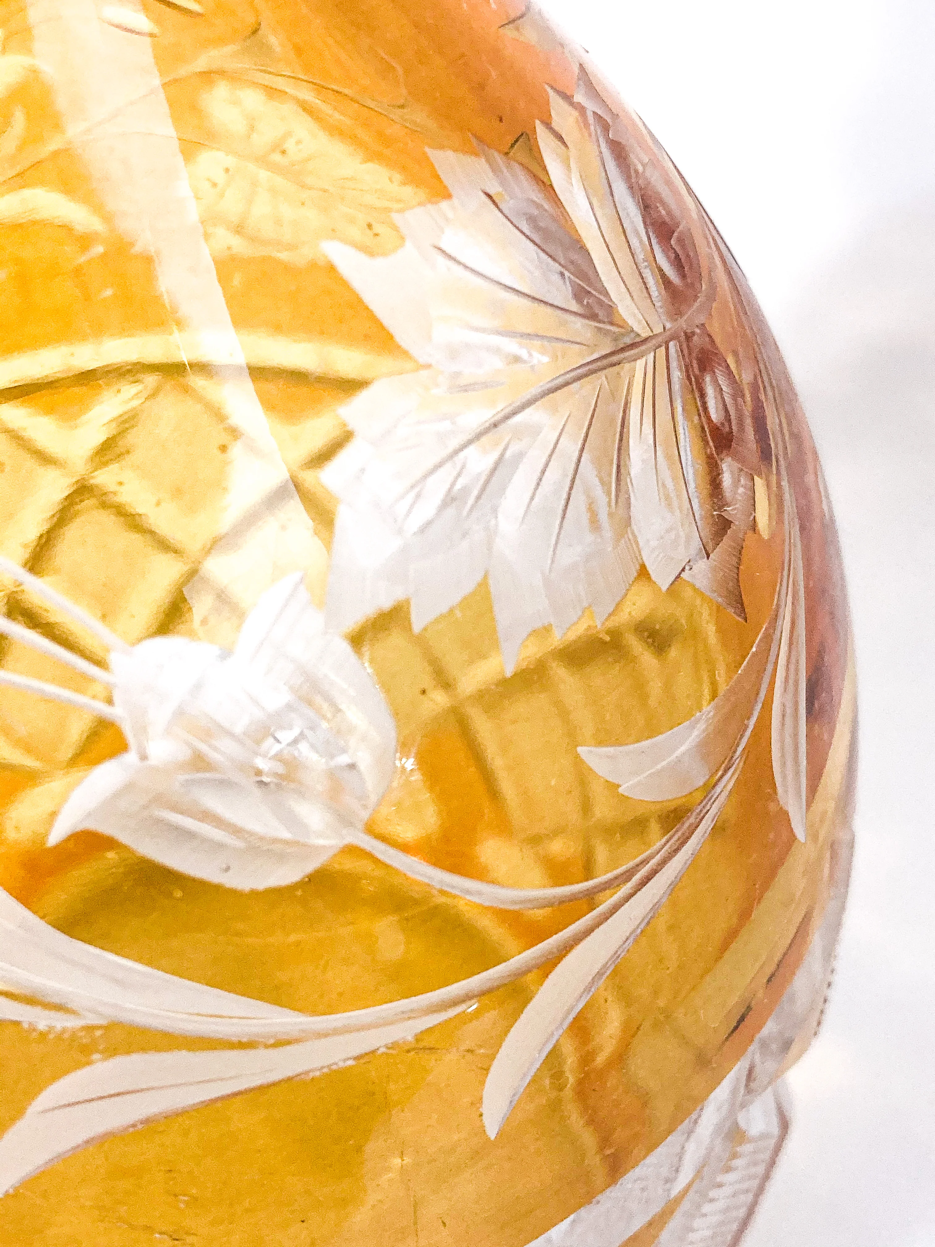 Antique Amber Glass Cut To Clear Floral Vine Motif Mushroom Top Decanter - Image 11