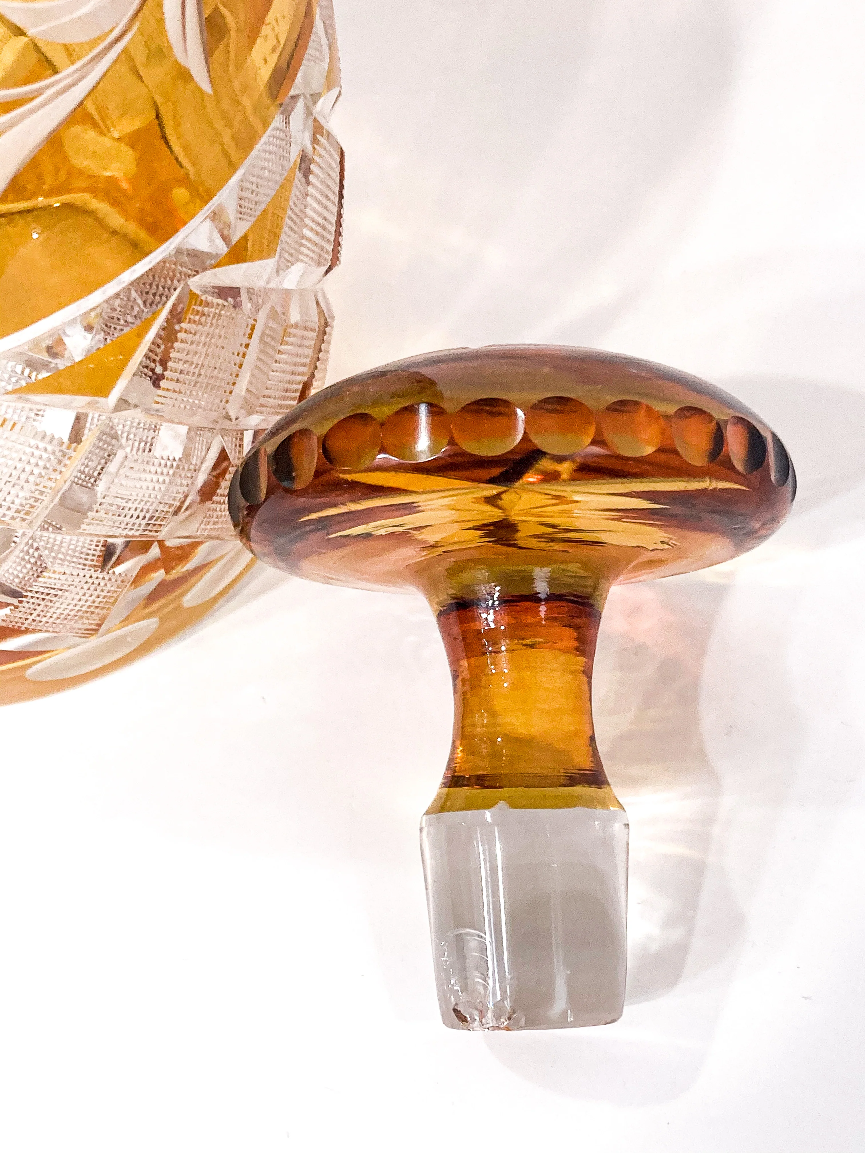Antique Amber Glass Cut To Clear Floral Vine Motif Mushroom Top Decanter - Image 12