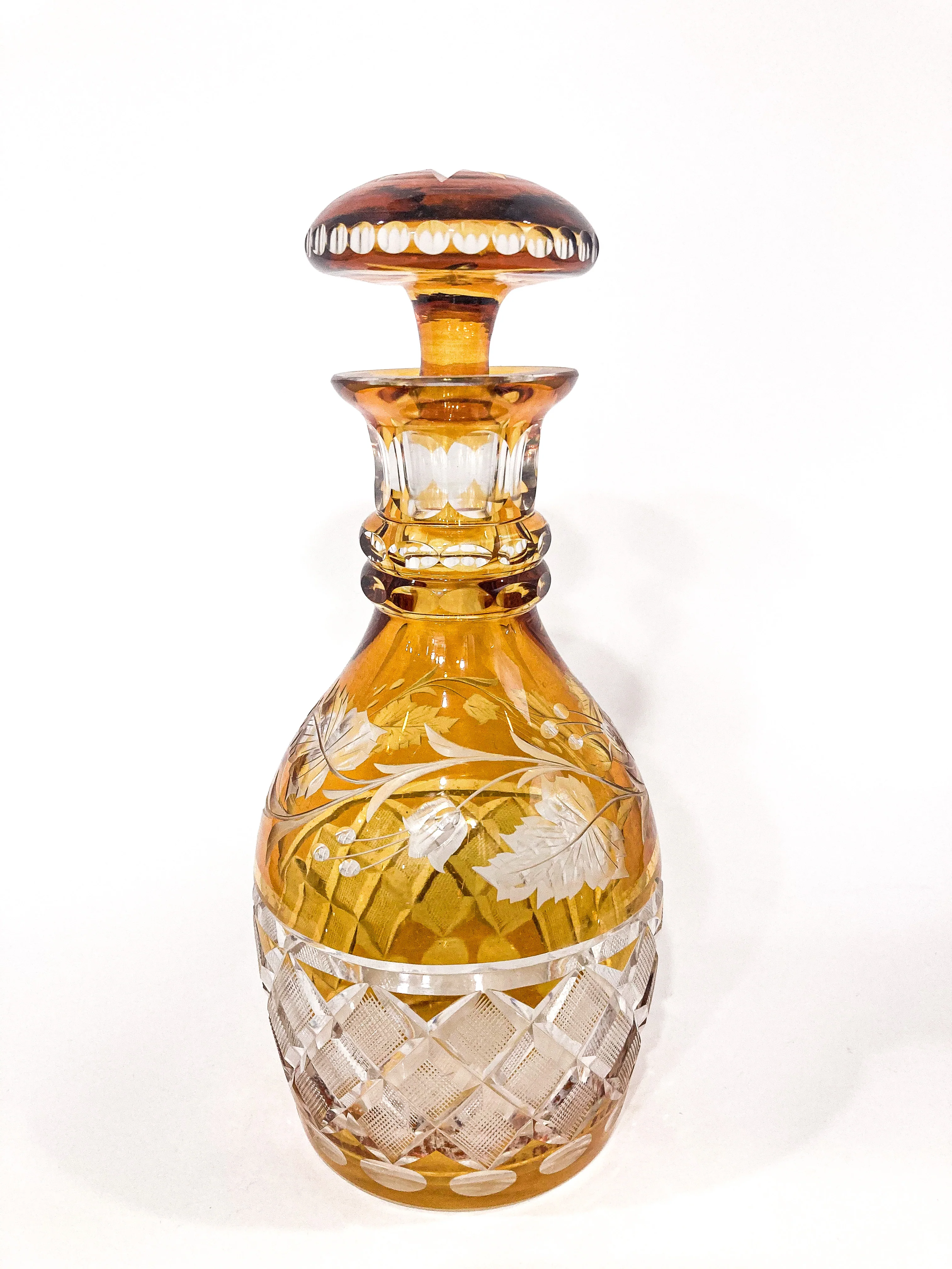 Antique Amber Glass Cut To Clear Floral Vine Motif Mushroom Top Decanter - Image 13