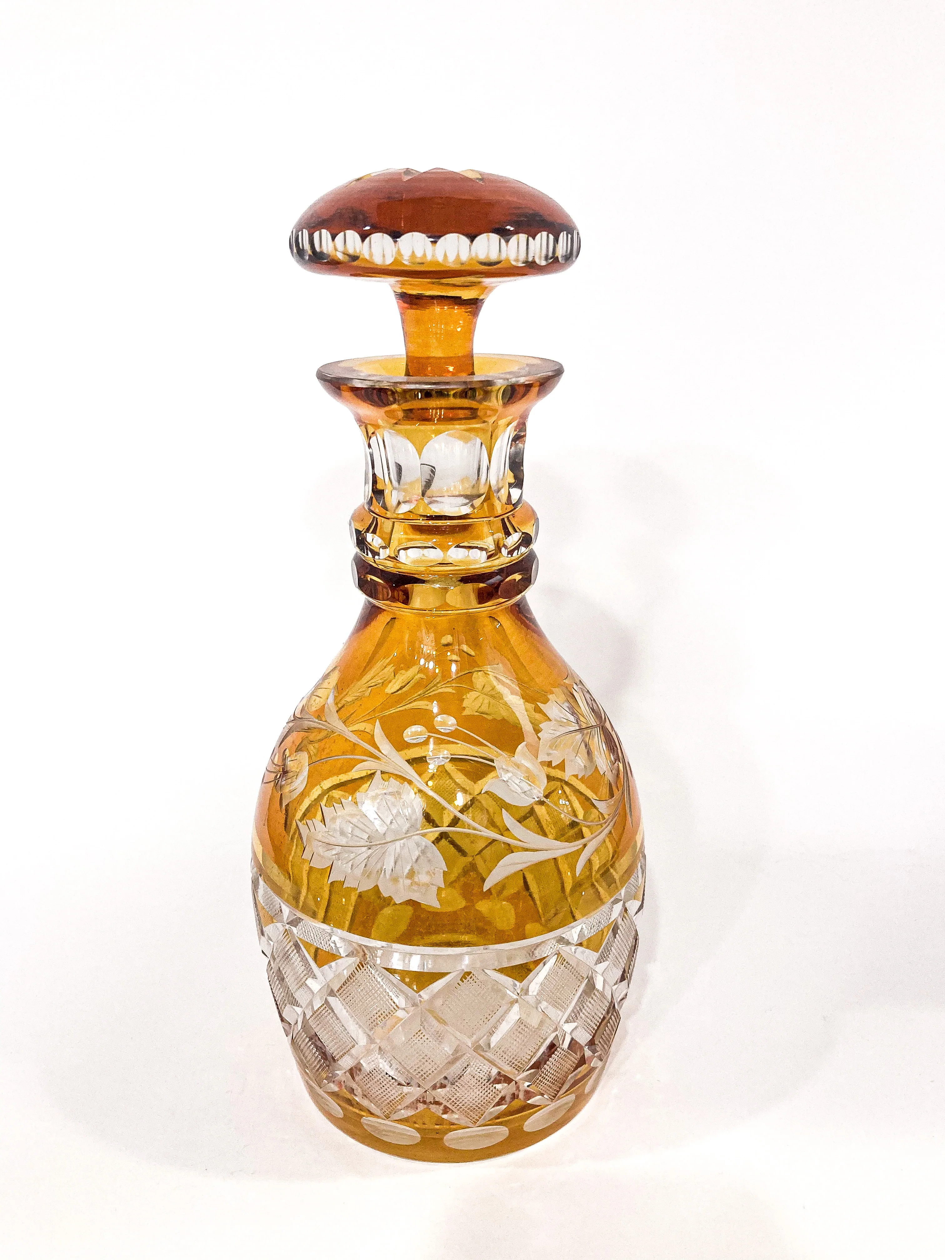 Antique Amber Glass Cut To Clear Floral Vine Motif Mushroom Top Decanter - Image 14