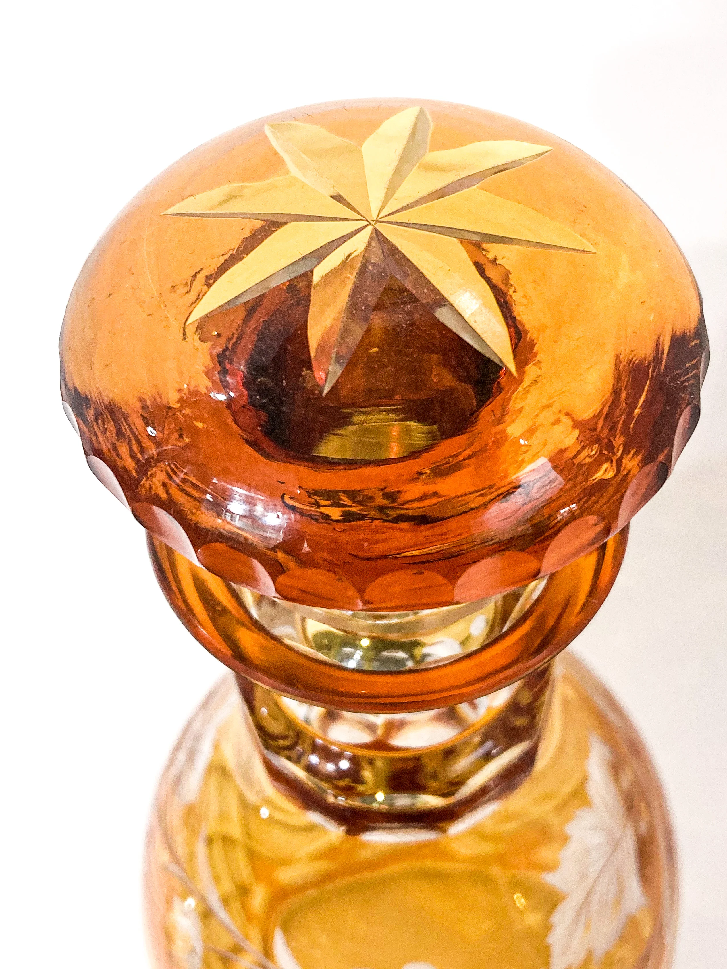 Antique Amber Glass Cut To Clear Floral Vine Motif Mushroom Top Decanter - Image 16