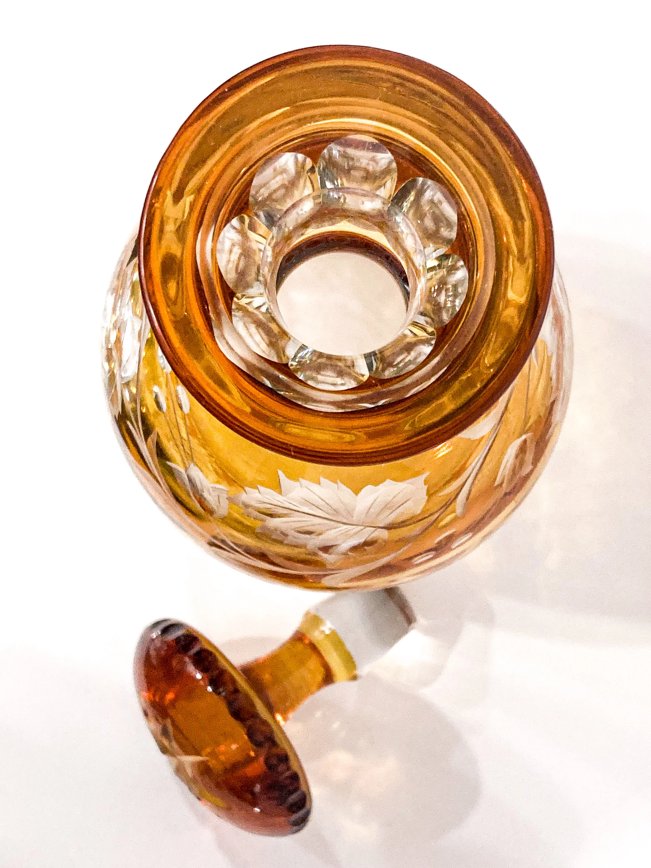 Antique Amber Glass Cut To Clear Floral Vine Motif Mushroom Top Decanter - Image 17