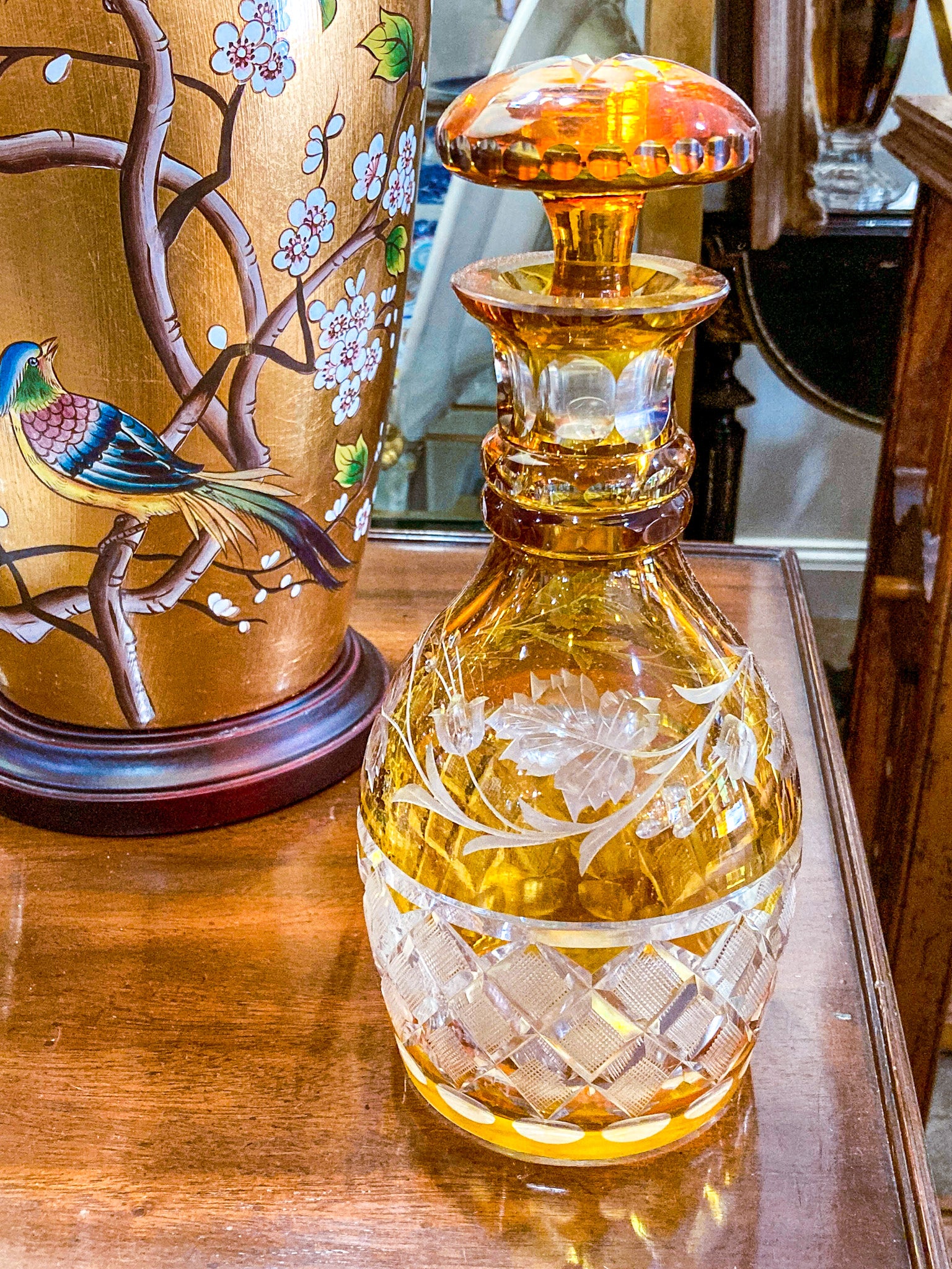 Antique Amber Glass Cut To Clear Floral Vine Motif Mushroom Top Decanter - Image 3