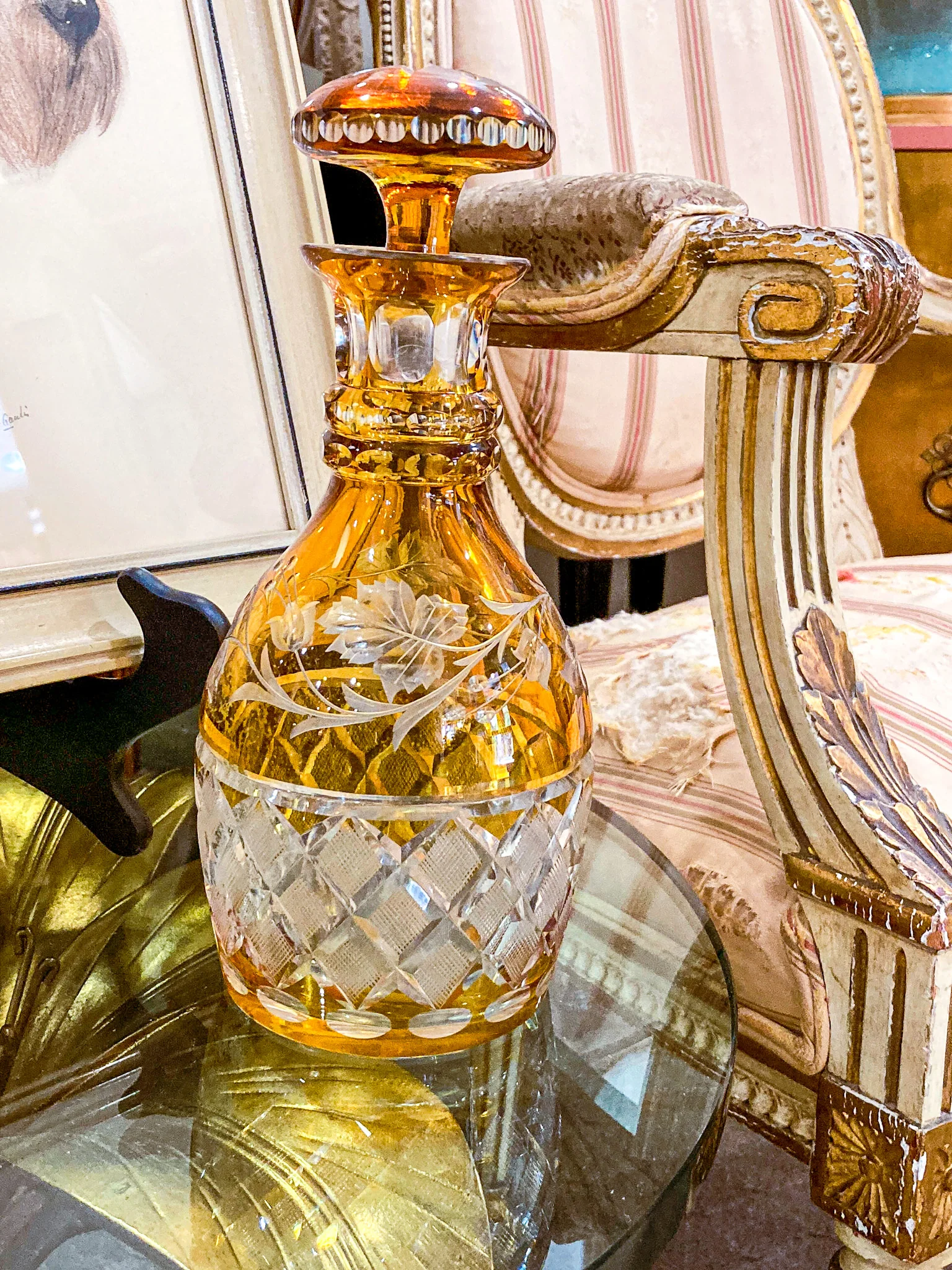 Antique Amber Glass Cut To Clear Floral Vine Motif Mushroom Top Decanter - Image 4