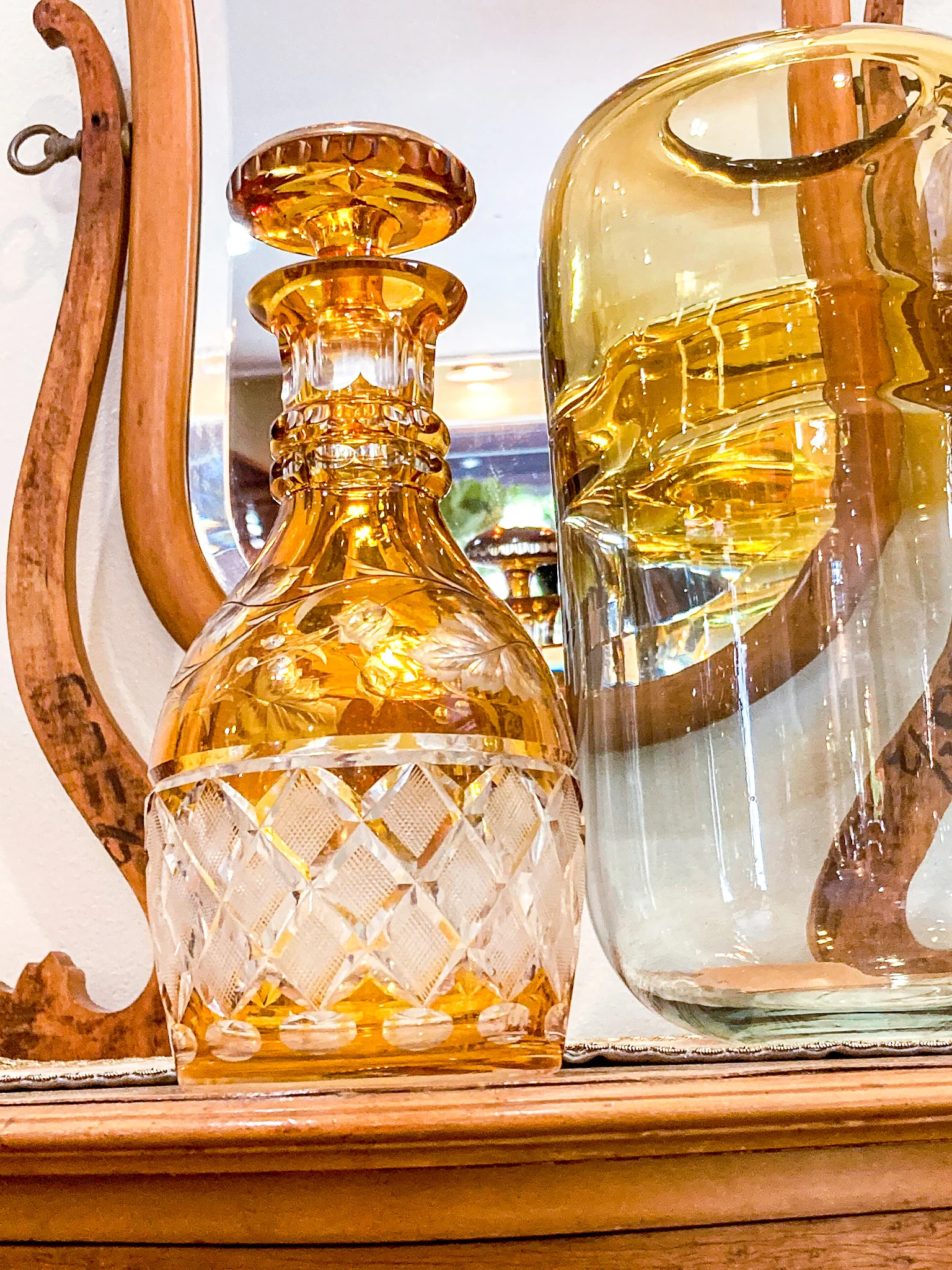 Antique Amber Glass Cut To Clear Floral Vine Motif Mushroom Top Decanter - Image 5