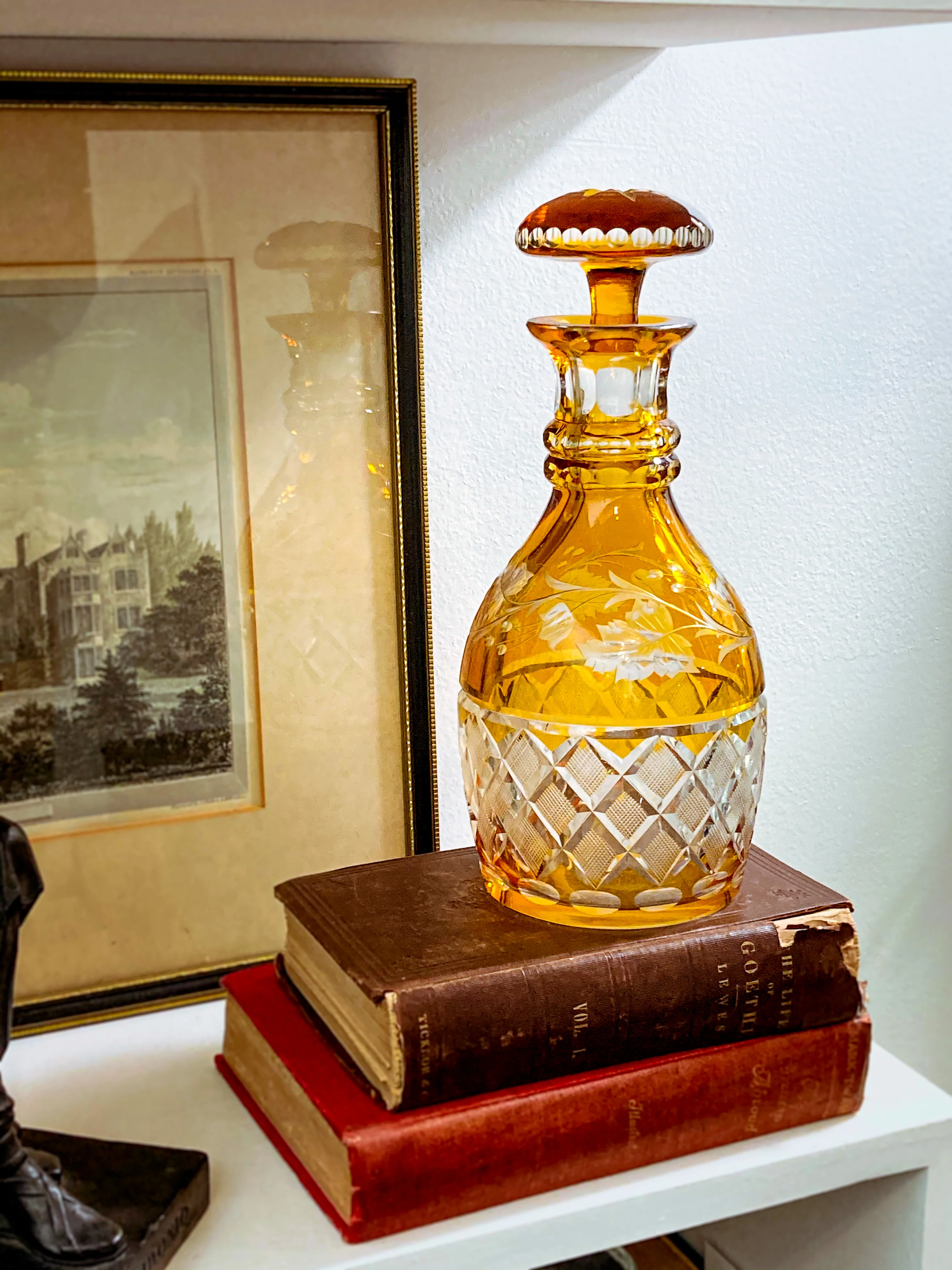 Antique Amber Glass Cut To Clear Floral Vine Motif Mushroom Top Decanter - Image 6