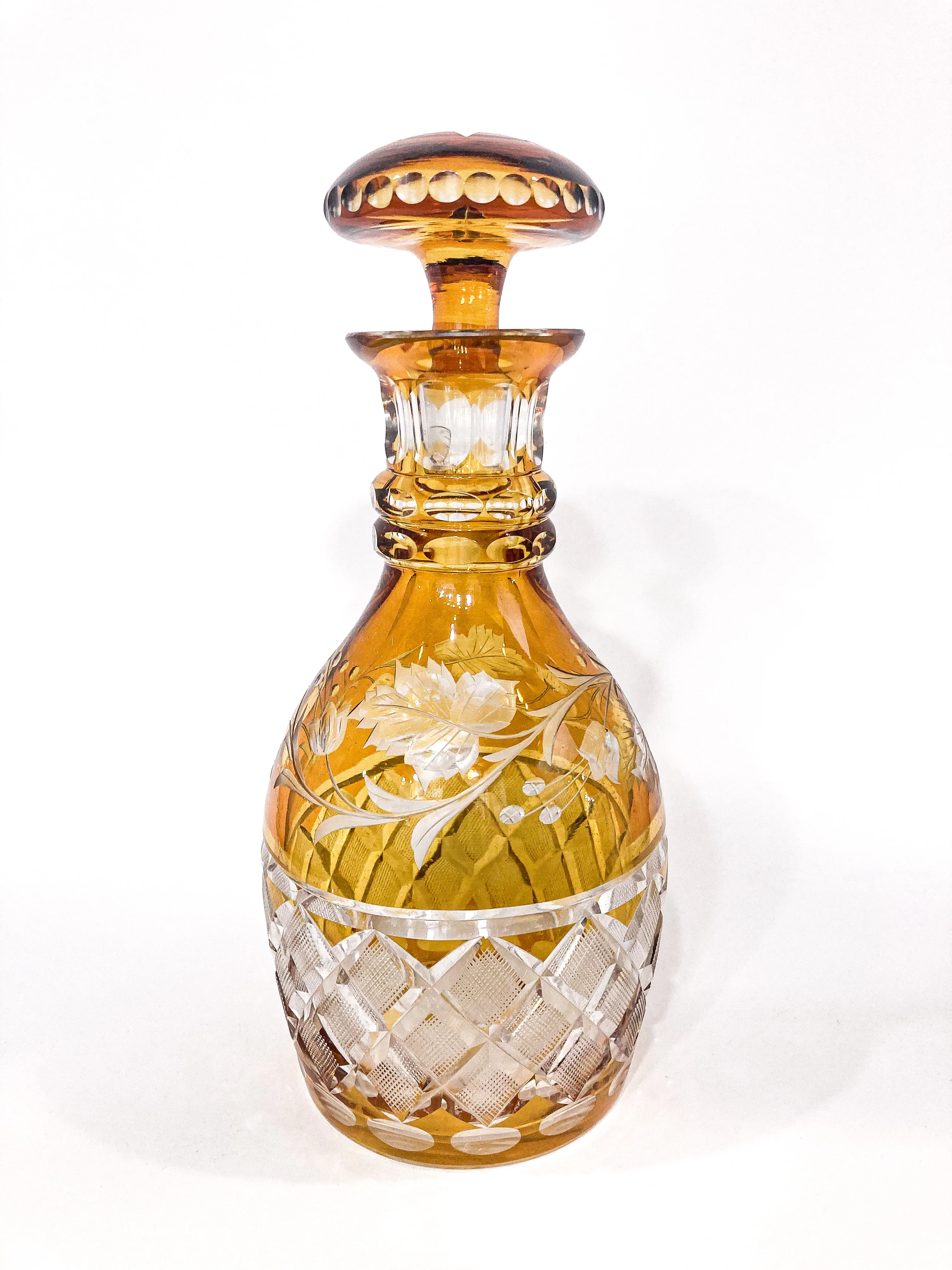 Antique Amber Glass Cut To Clear Floral Vine Motif Mushroom Top Decanter - Image 7