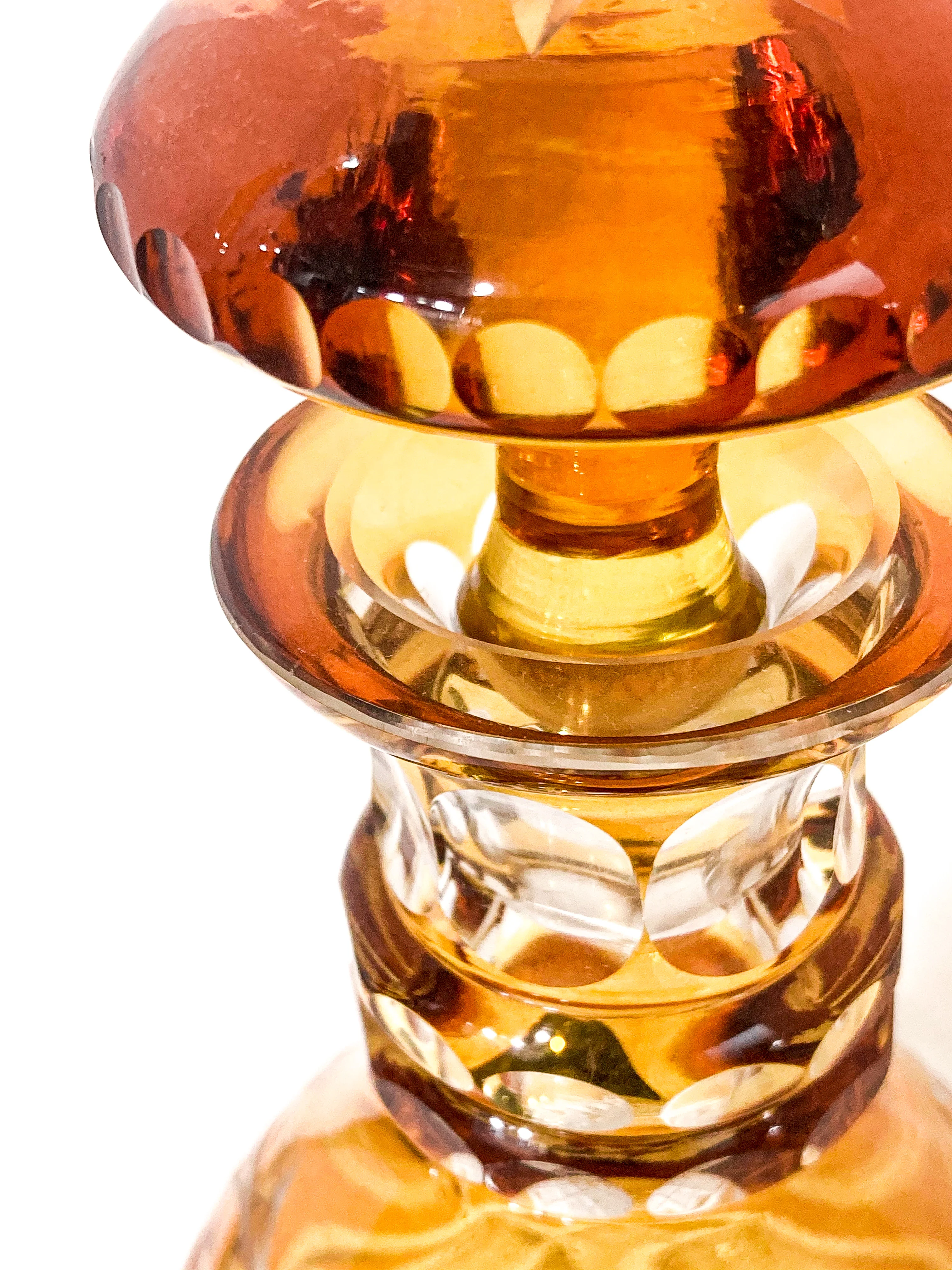 Antique Amber Glass Cut To Clear Floral Vine Motif Mushroom Top Decanter - Image 8