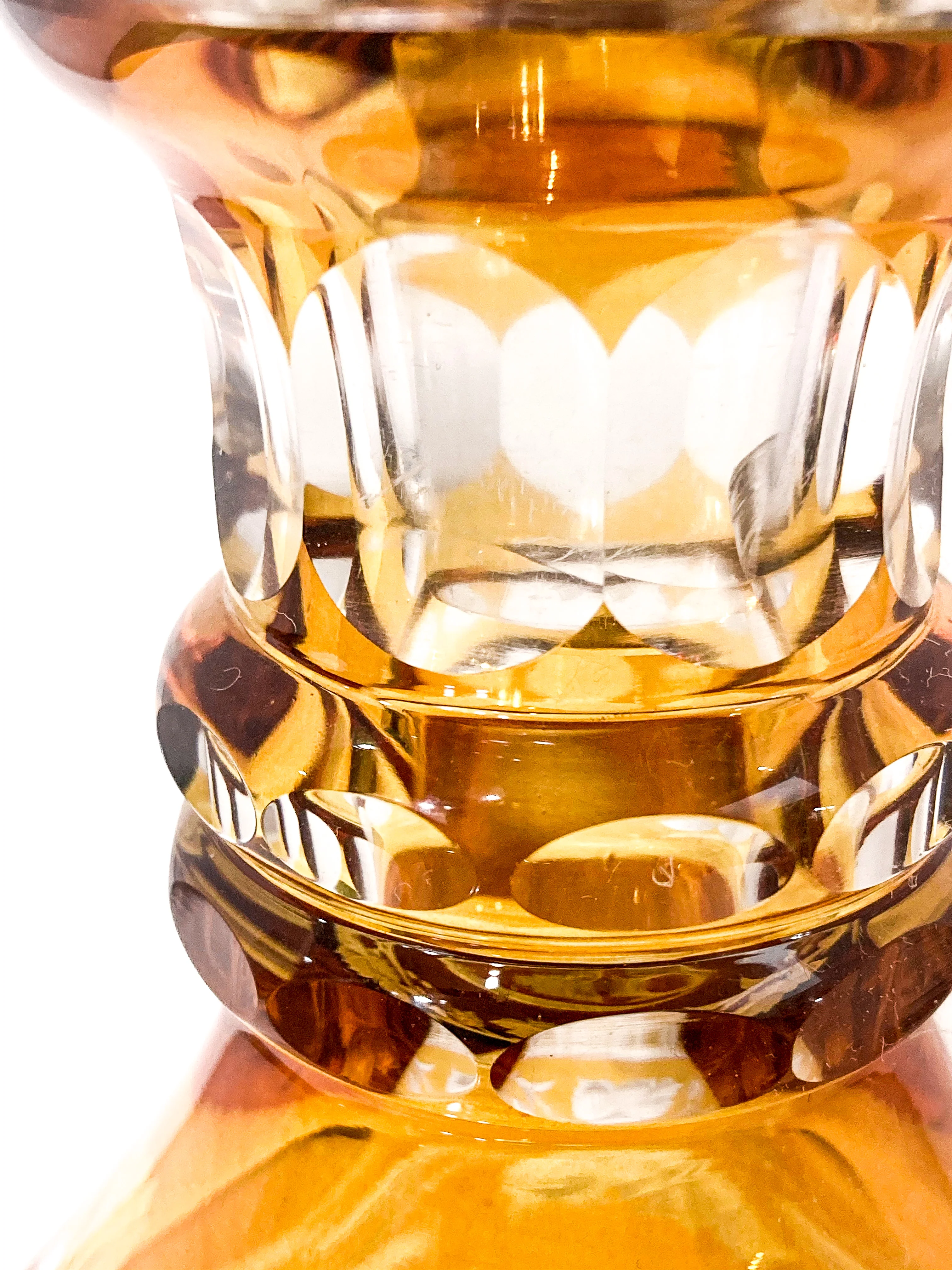 Antique Amber Glass Cut To Clear Floral Vine Motif Mushroom Top Decanter - Image 9