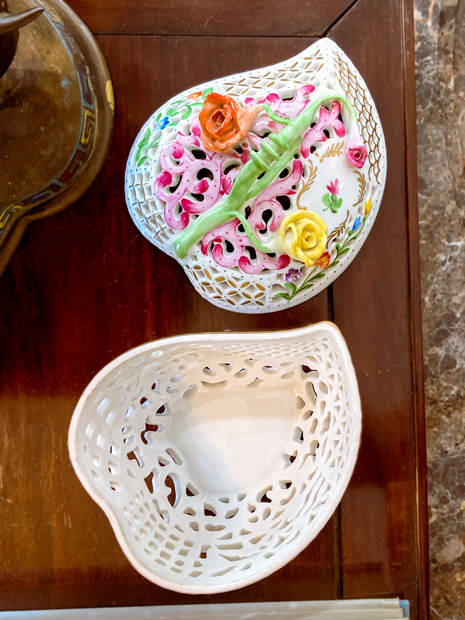 Herend Hand Painted Floral Lattice Reticulated Porcelain Rose Heart Box - Image 6