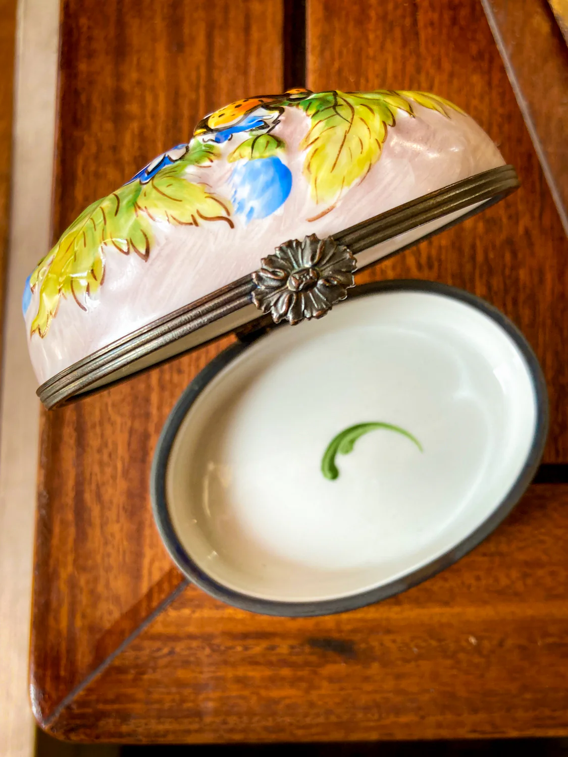 Limoges France Floral Beetle Pink Glass Style Oval Porcelain Pillbox - Image 17