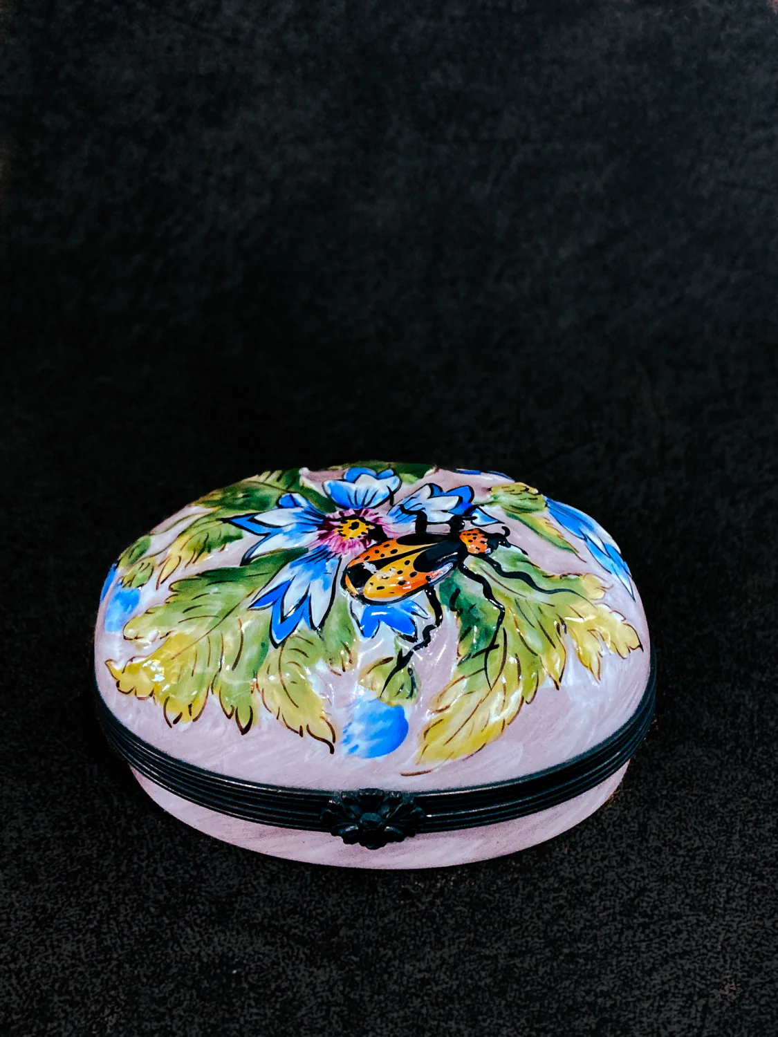 Limoges France Floral Beetle Pink Glass Style Oval Porcelain Pillbox - Image 21