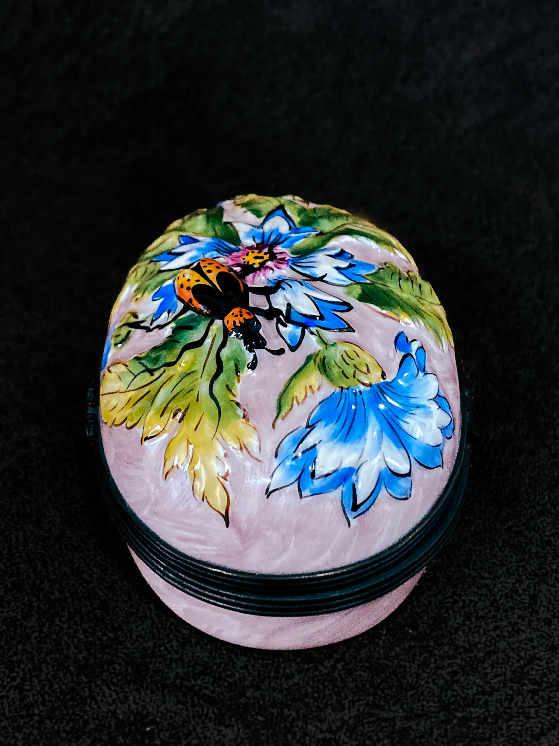 Limoges France Floral Beetle Pink Glass Style Oval Porcelain Pillbox - Image 24