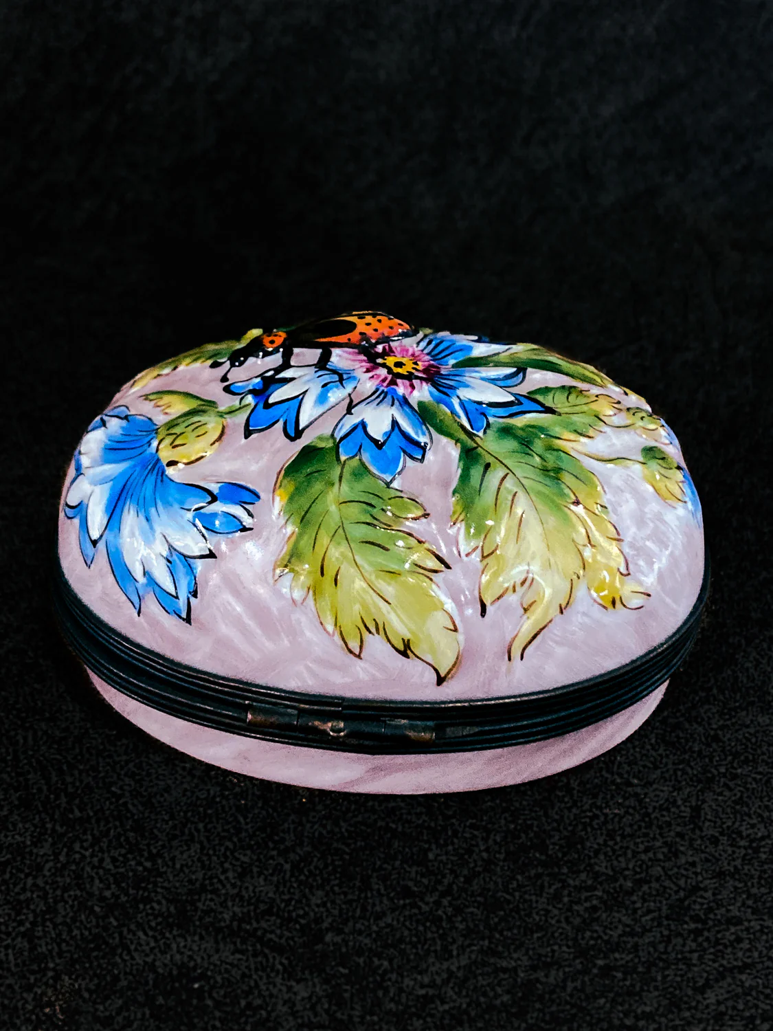 Limoges France Floral Beetle Pink Glass Style Oval Porcelain Pillbox - Image 25