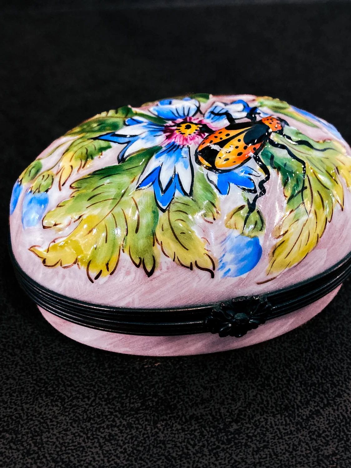 Limoges France Floral Beetle Pink Glass Style Oval Porcelain Pillbox - Image 29