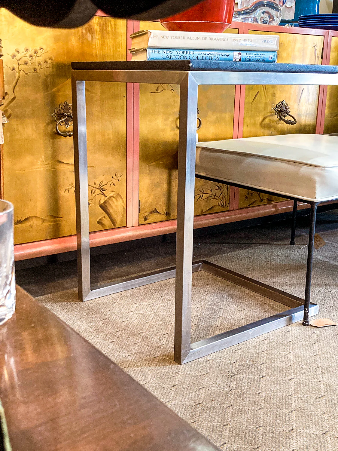 MCM Style Black Stone Top Chrome Tuckable Sliding Accent Table Desk - Image 5