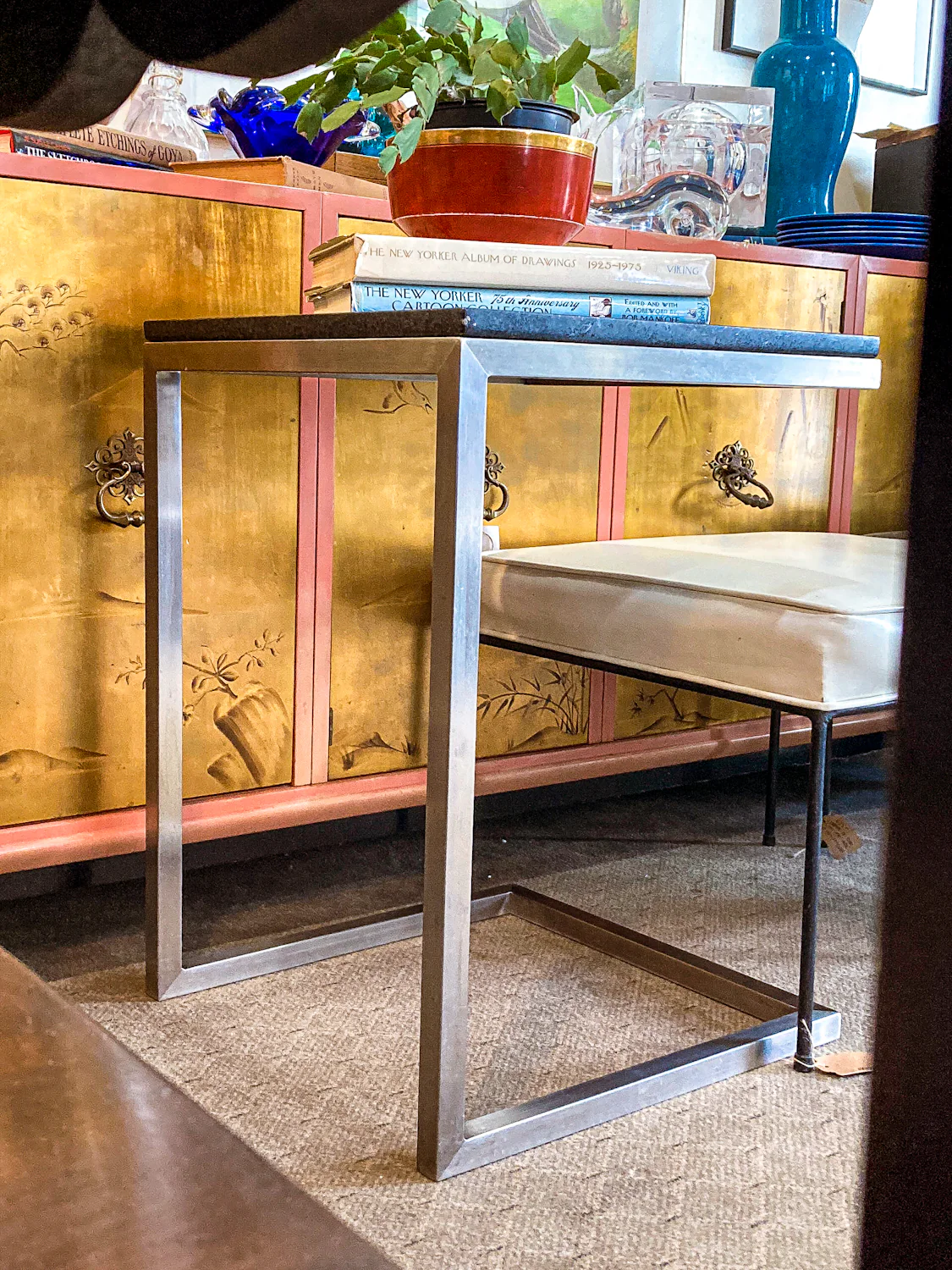 MCM Style Black Stone Top Chrome Tuckable Sliding Accent Table Desk - Image 7