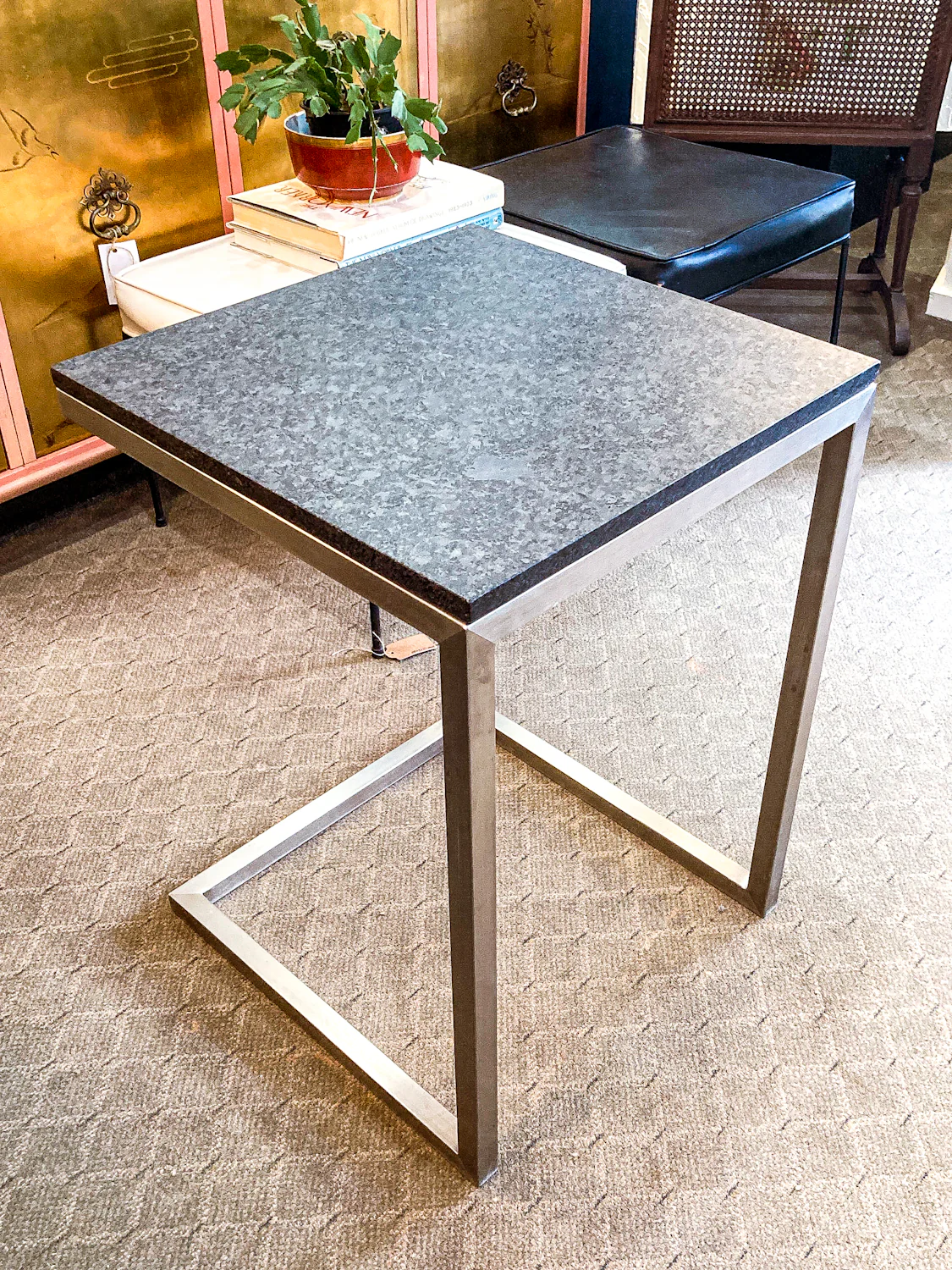 MCM Style Black Stone Top Chrome Tuckable Sliding Accent Table Desk - Image 8