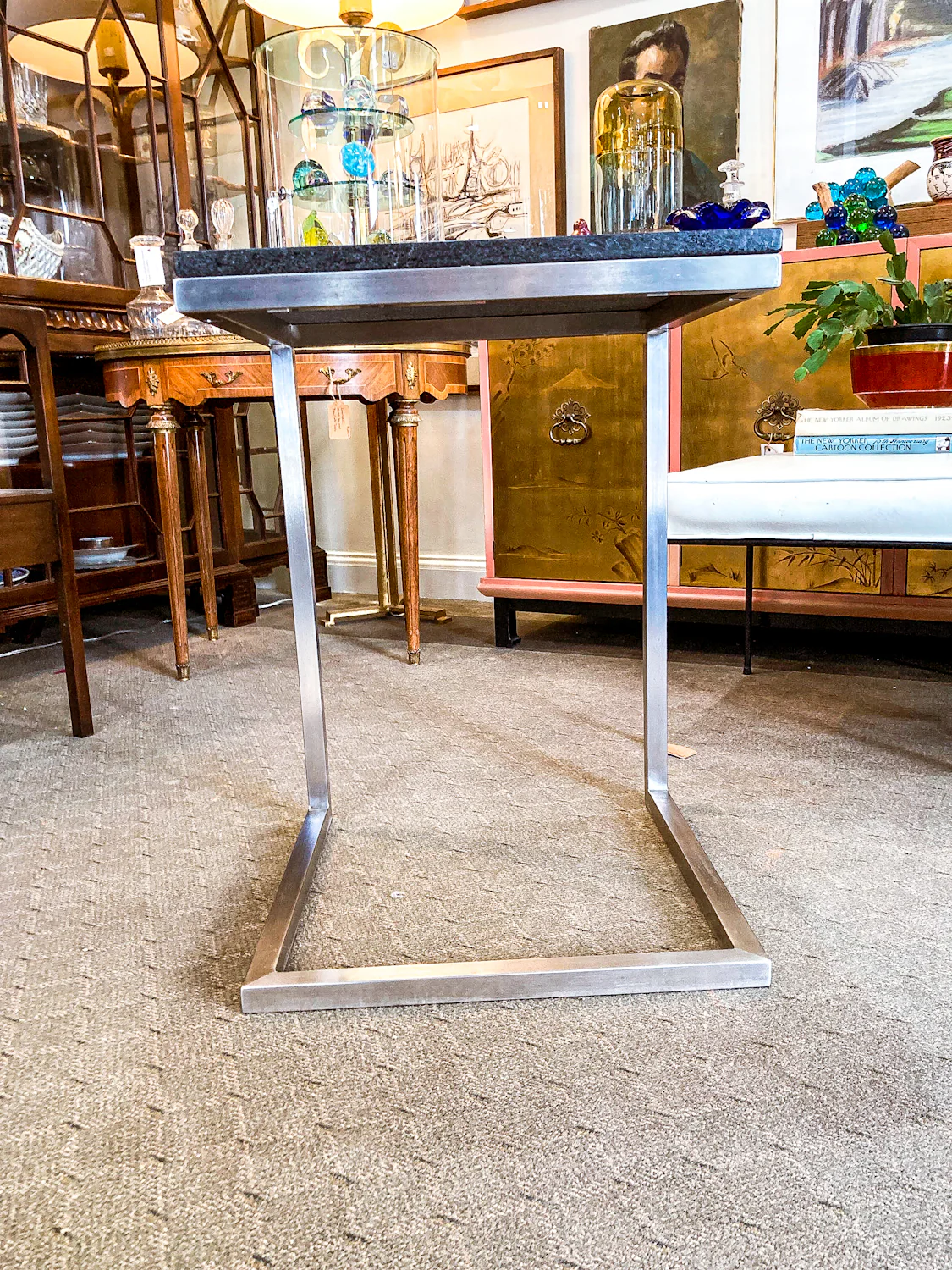 MCM Style Black Stone Top Chrome Tuckable Sliding Accent Table Desk - Image 9