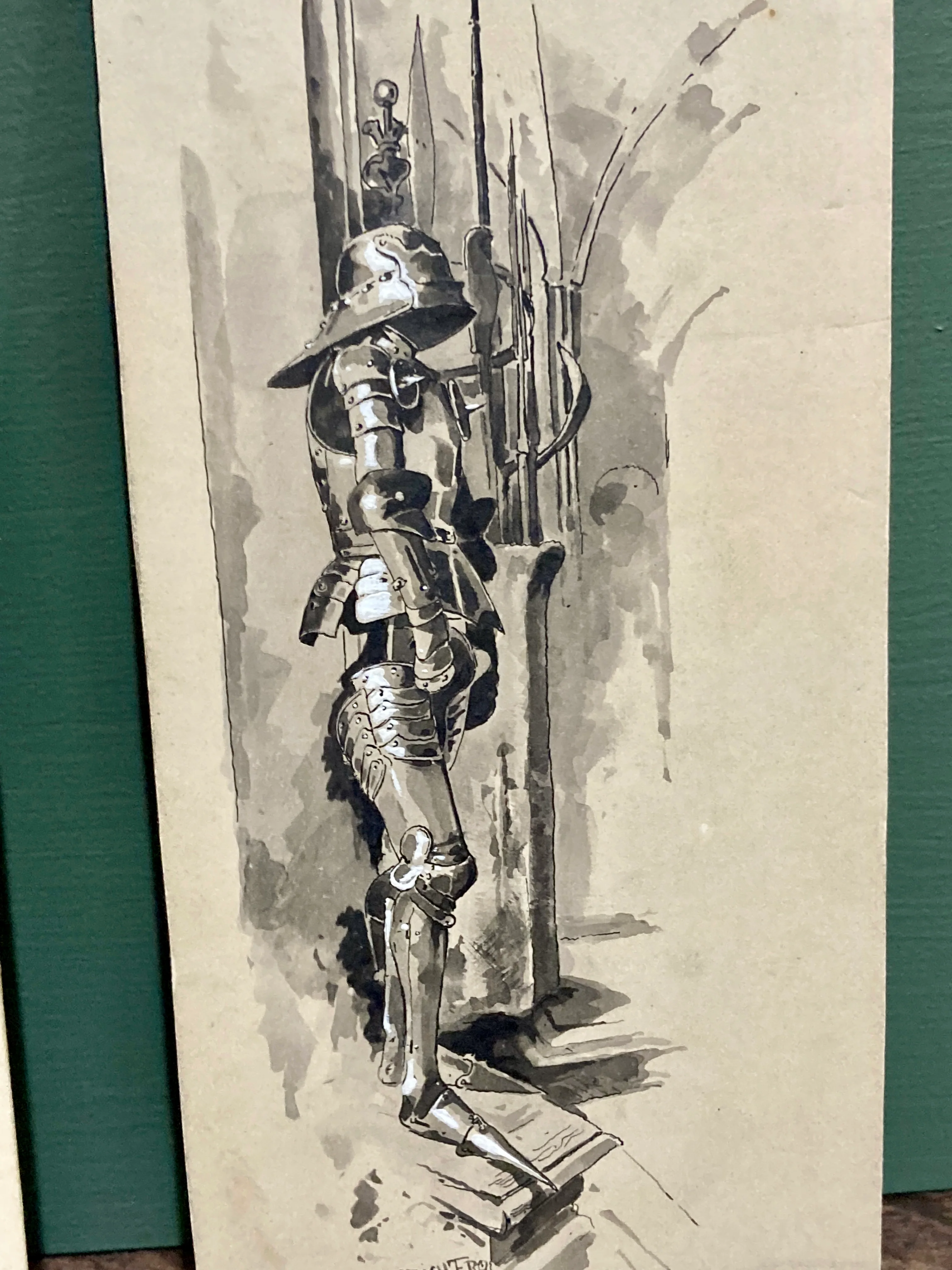 Pair Antique Albert Richter (1845 - 1898) Knight Armour Suit Fine Art Drawings - Image 10