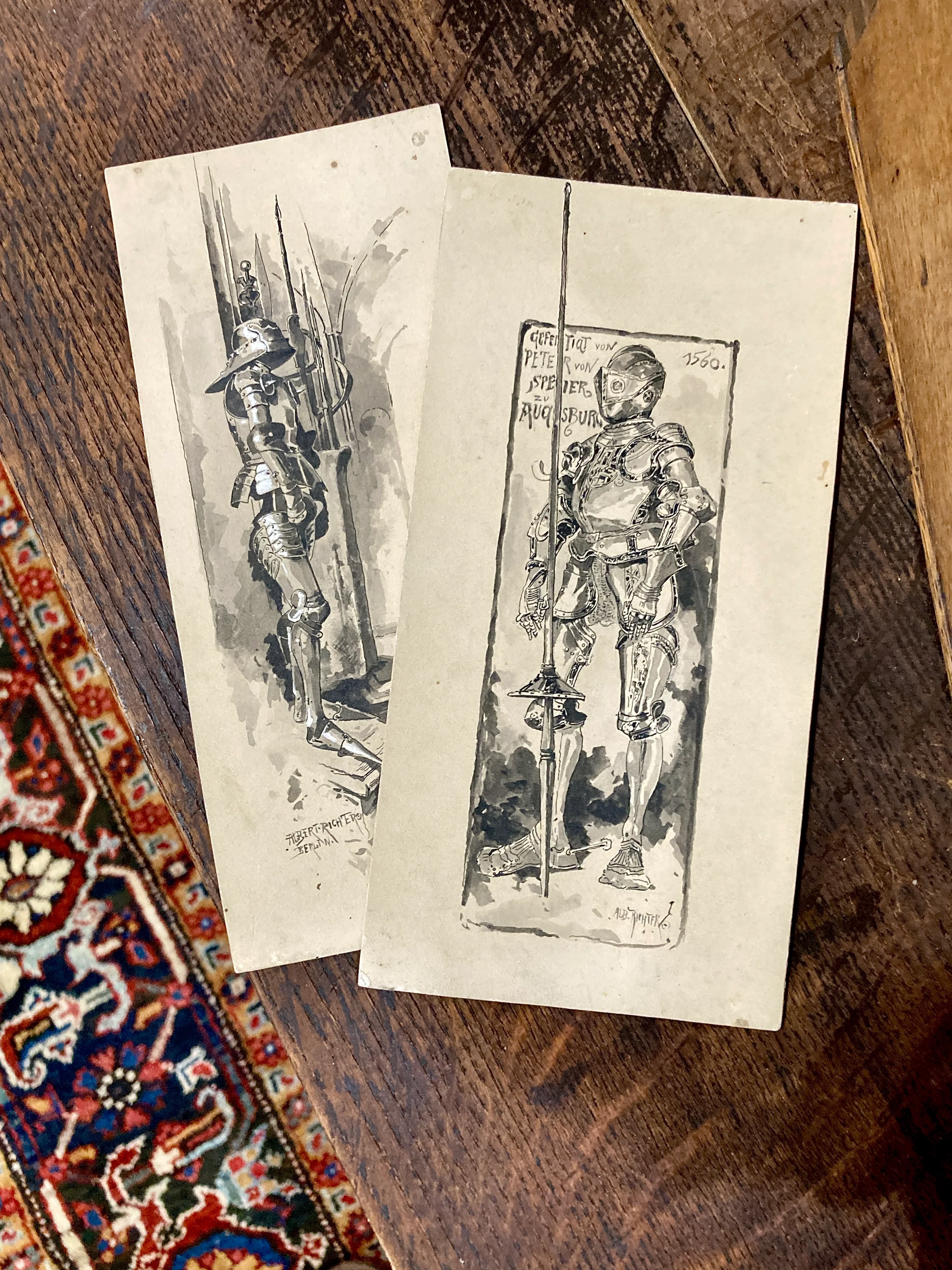 Pair Antique Albert Richter (1845 - 1898) Knight Armour Suit Fine Art Drawings - Image 14