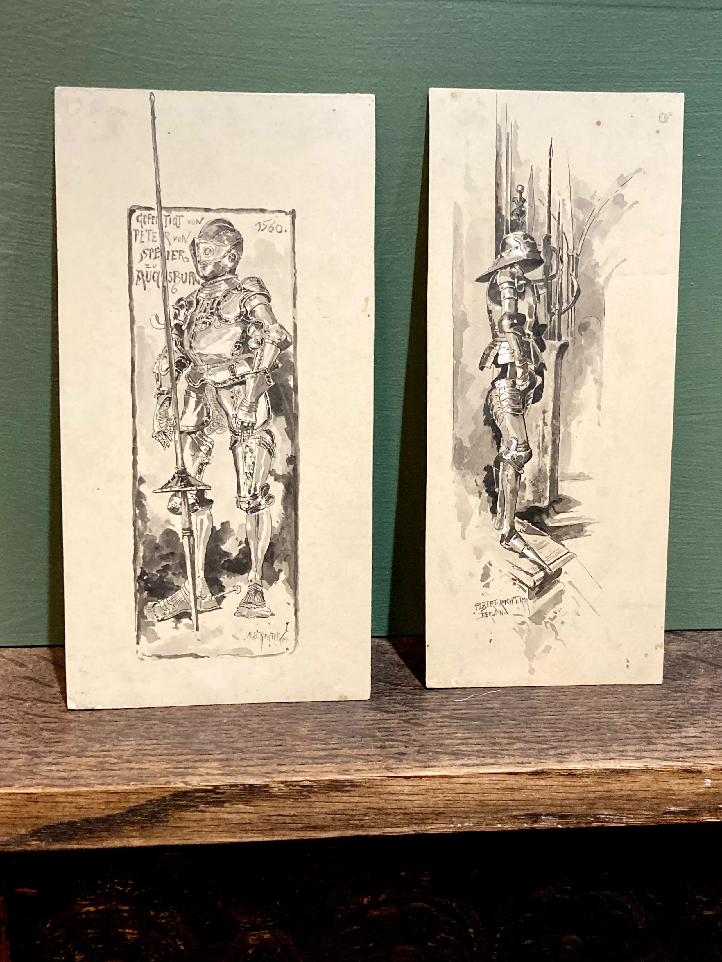 Pair Antique Albert Richter (1845 - 1898) Knight Armour Suit Fine Art Drawings - Image 3
