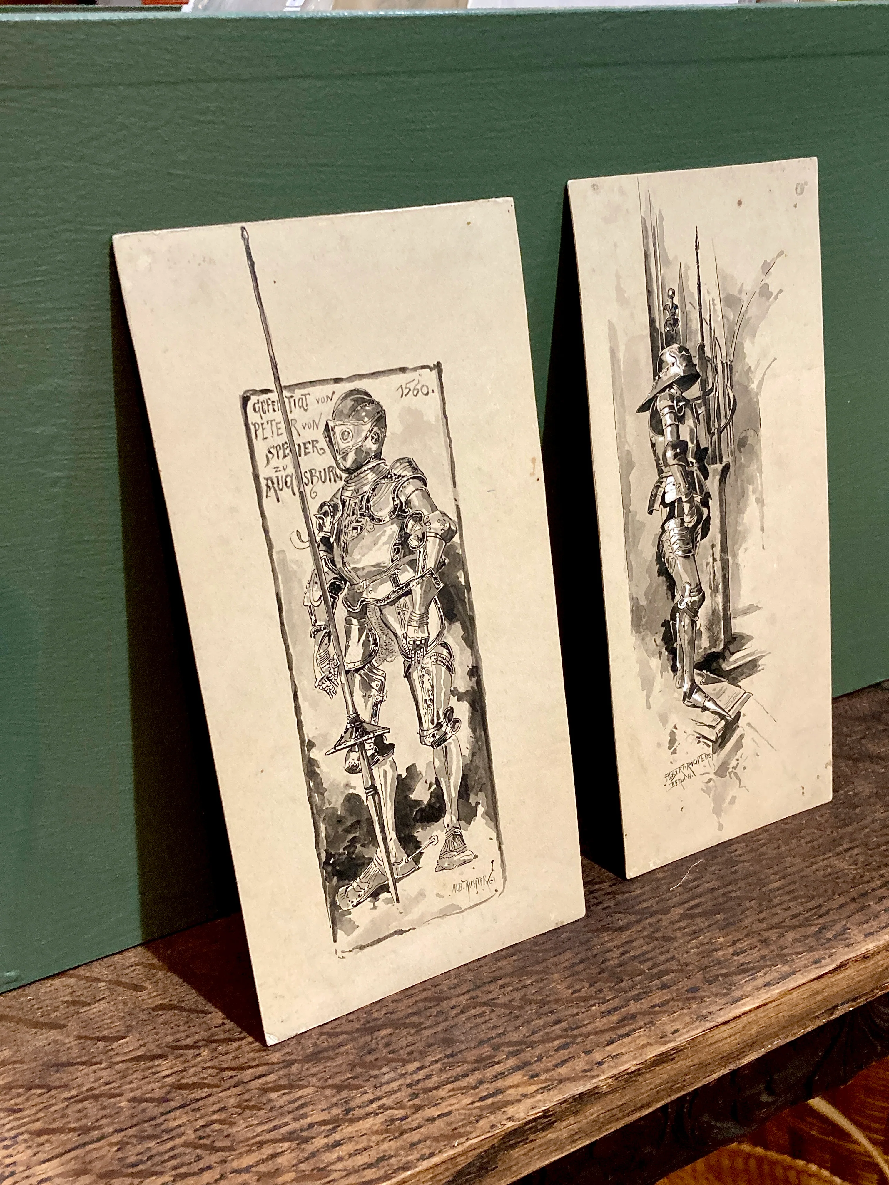 Pair Antique Albert Richter (1845 - 1898) Knight Armour Suit Fine Art Drawings - Image 4