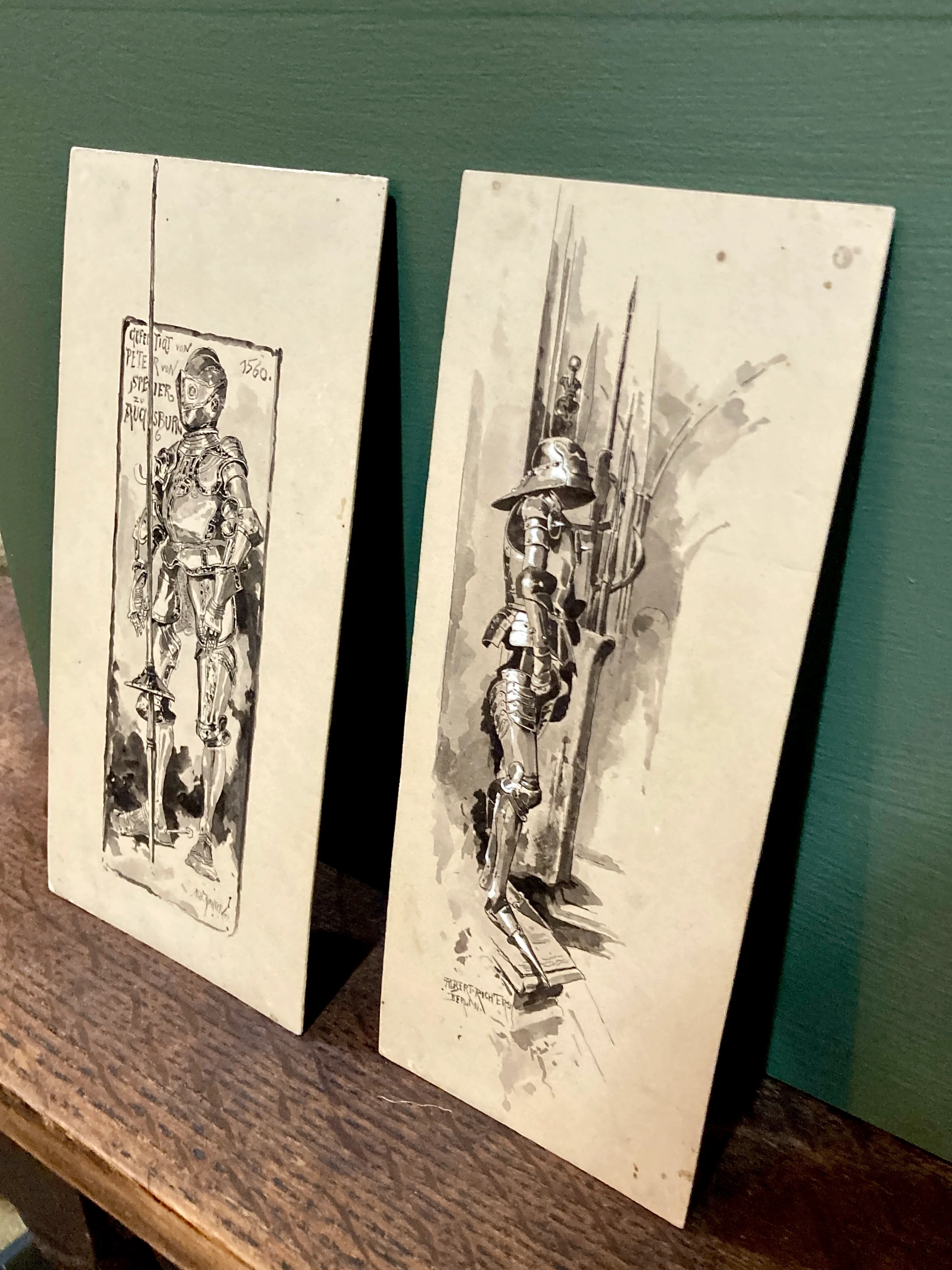 Pair Antique Albert Richter (1845 - 1898) Knight Armour Suit Fine Art Drawings - Image 5