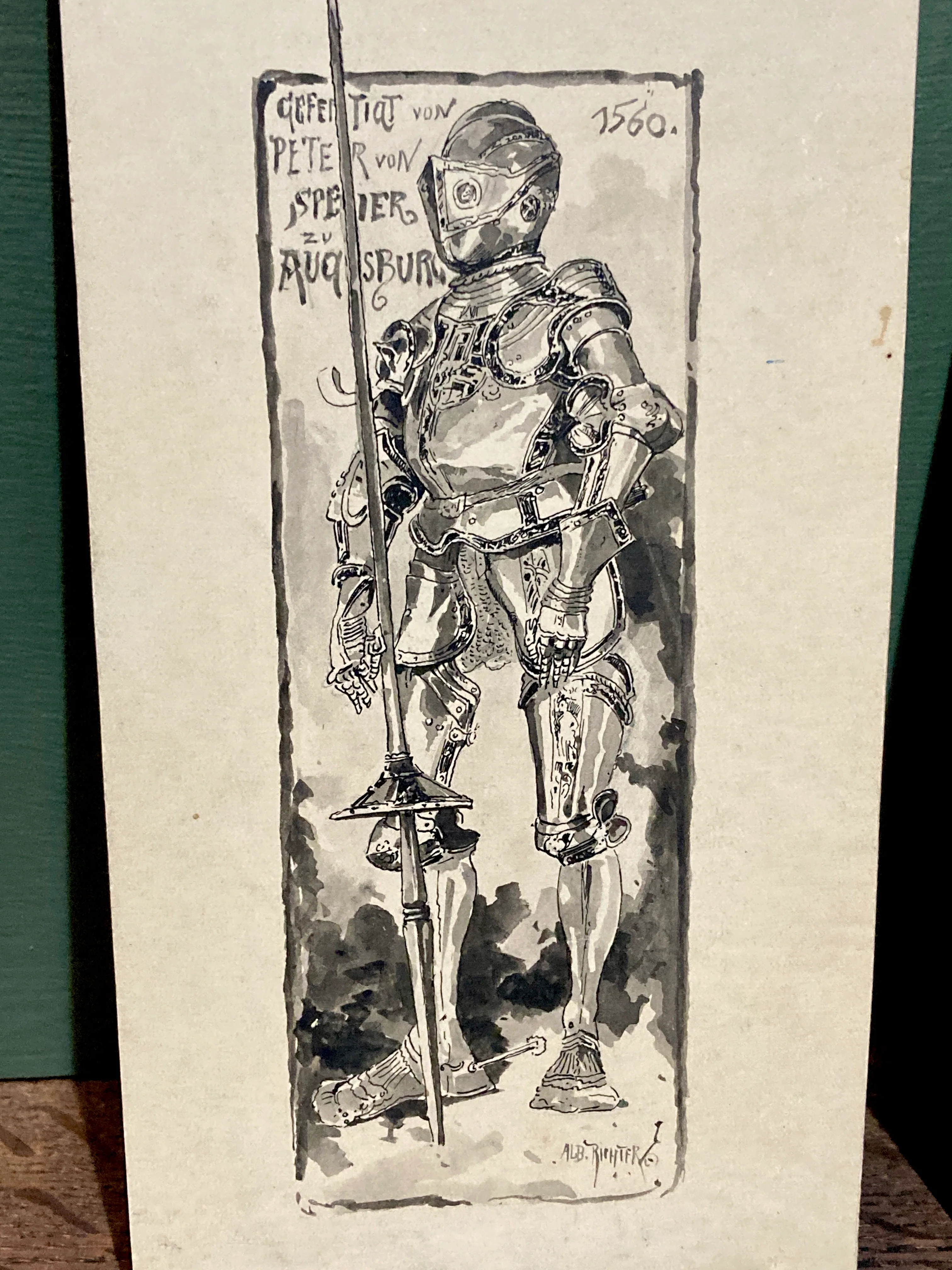 Pair Antique Albert Richter (1845 - 1898) Knight Armour Suit Fine Art Drawings - Image 6
