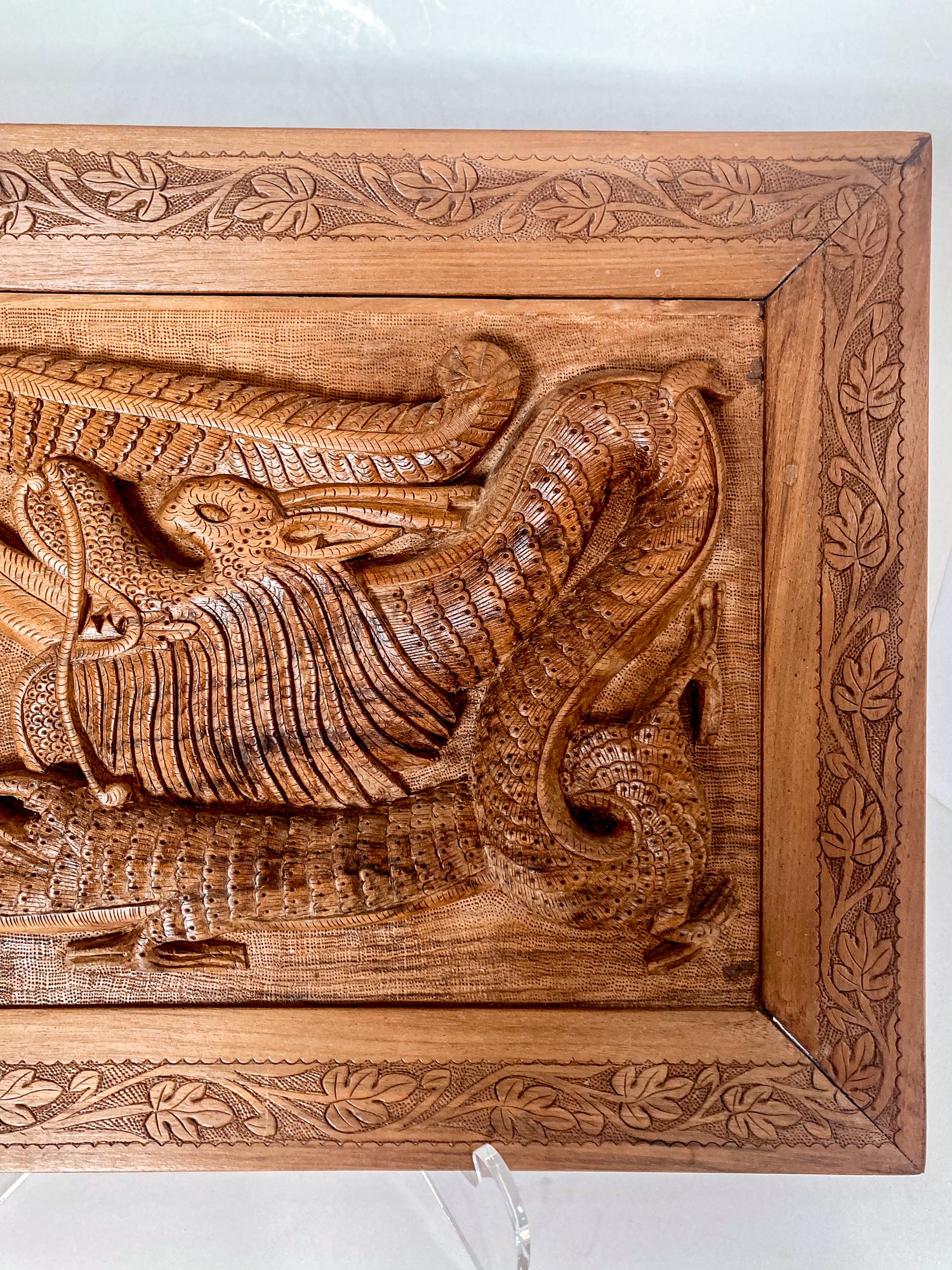 Pair of Intricately Hand Carved Relief Serpent Dragon Teak Wood Plaques - Image 10