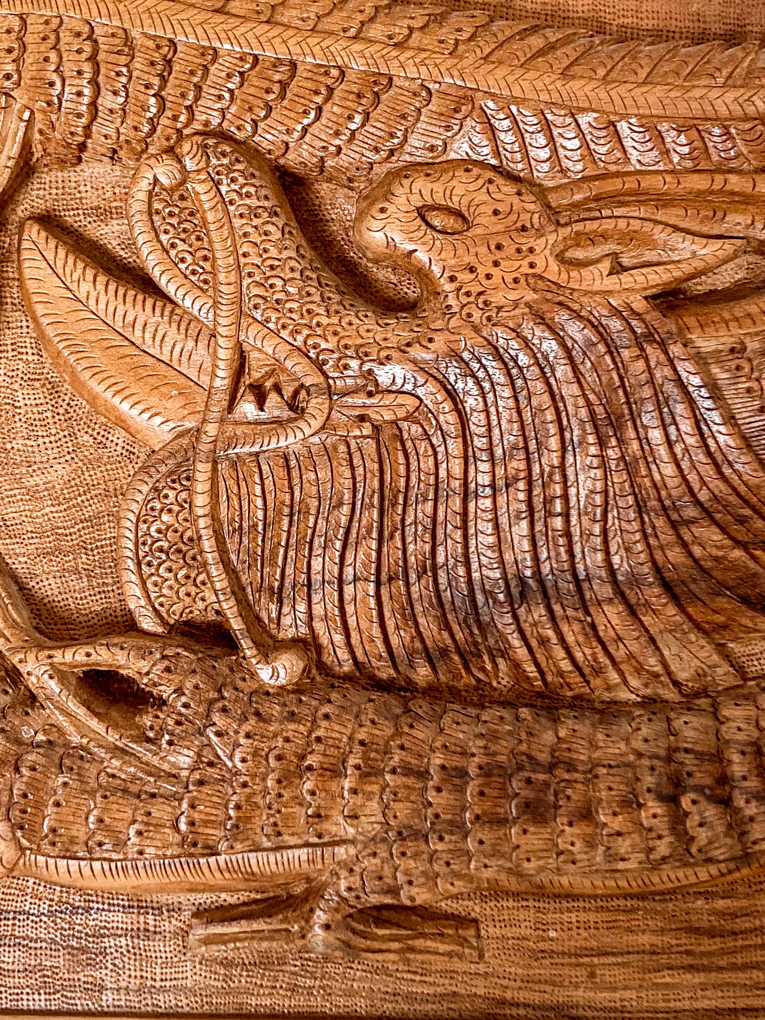 Pair of Intricately Hand Carved Relief Serpent Dragon Teak Wood Plaques - Image 11