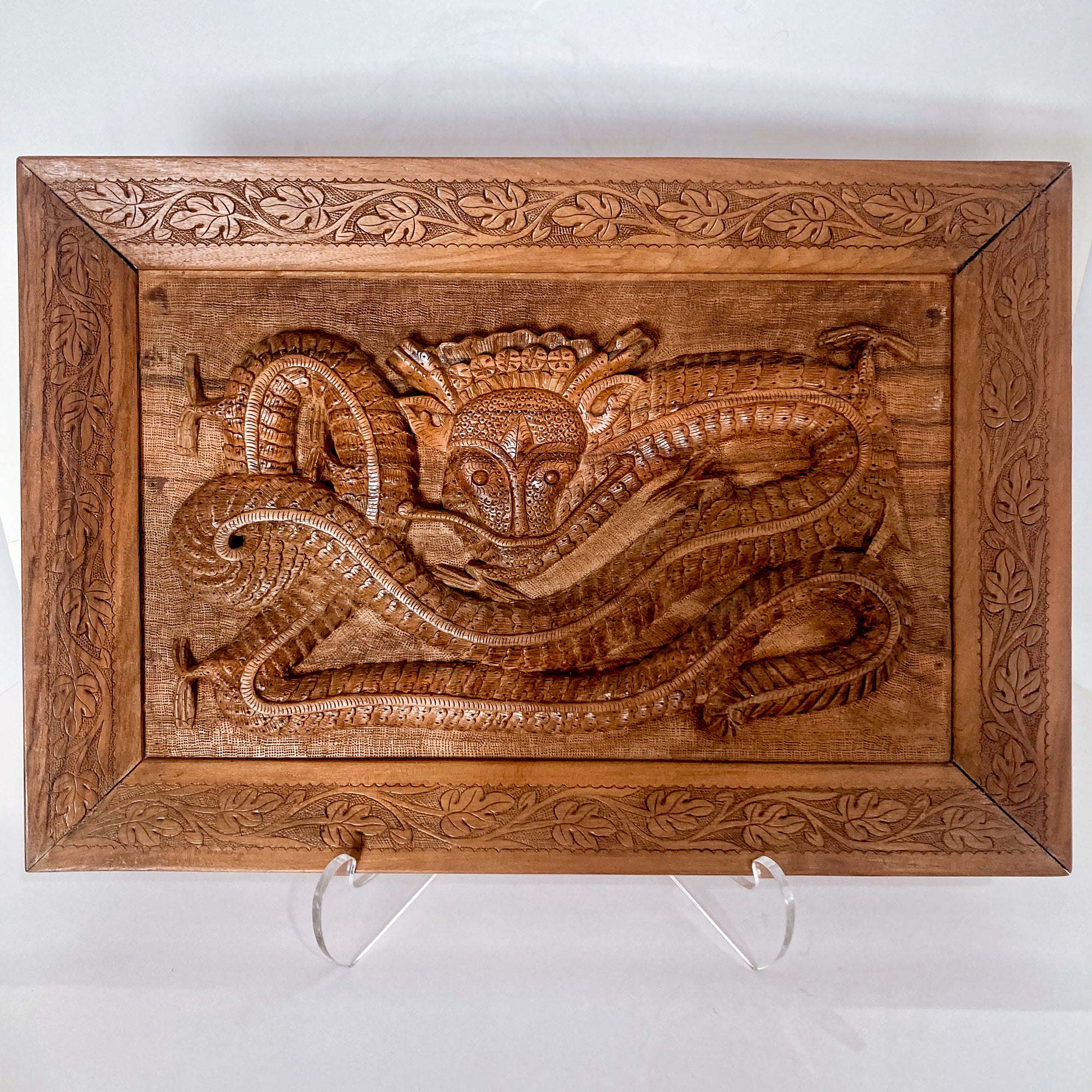 Pair of Intricately Hand Carved Relief Serpent Dragon Teak Wood Plaques - Image 13