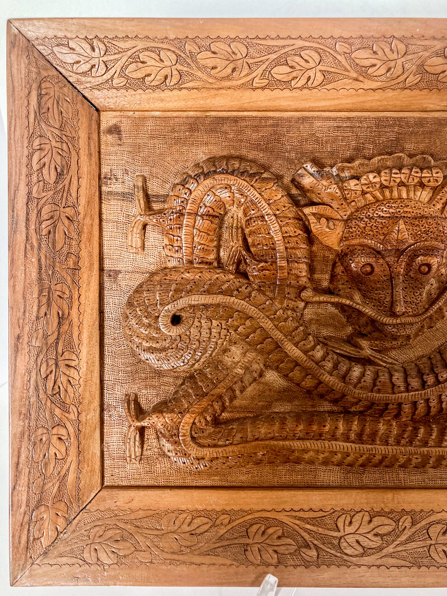 Pair of Intricately Hand Carved Relief Serpent Dragon Teak Wood Plaques - Image 14