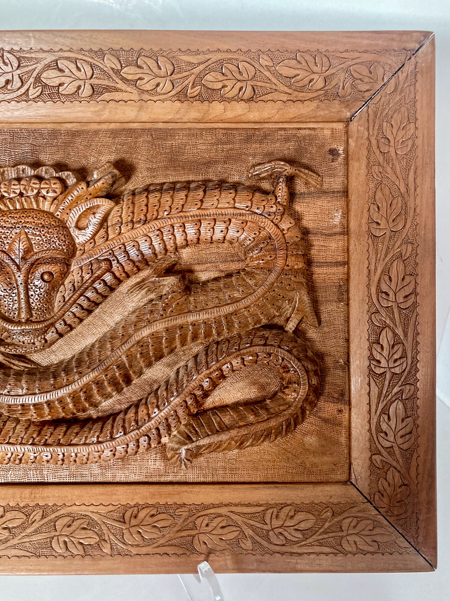 Pair of Intricately Hand Carved Relief Serpent Dragon Teak Wood Plaques - Image 15