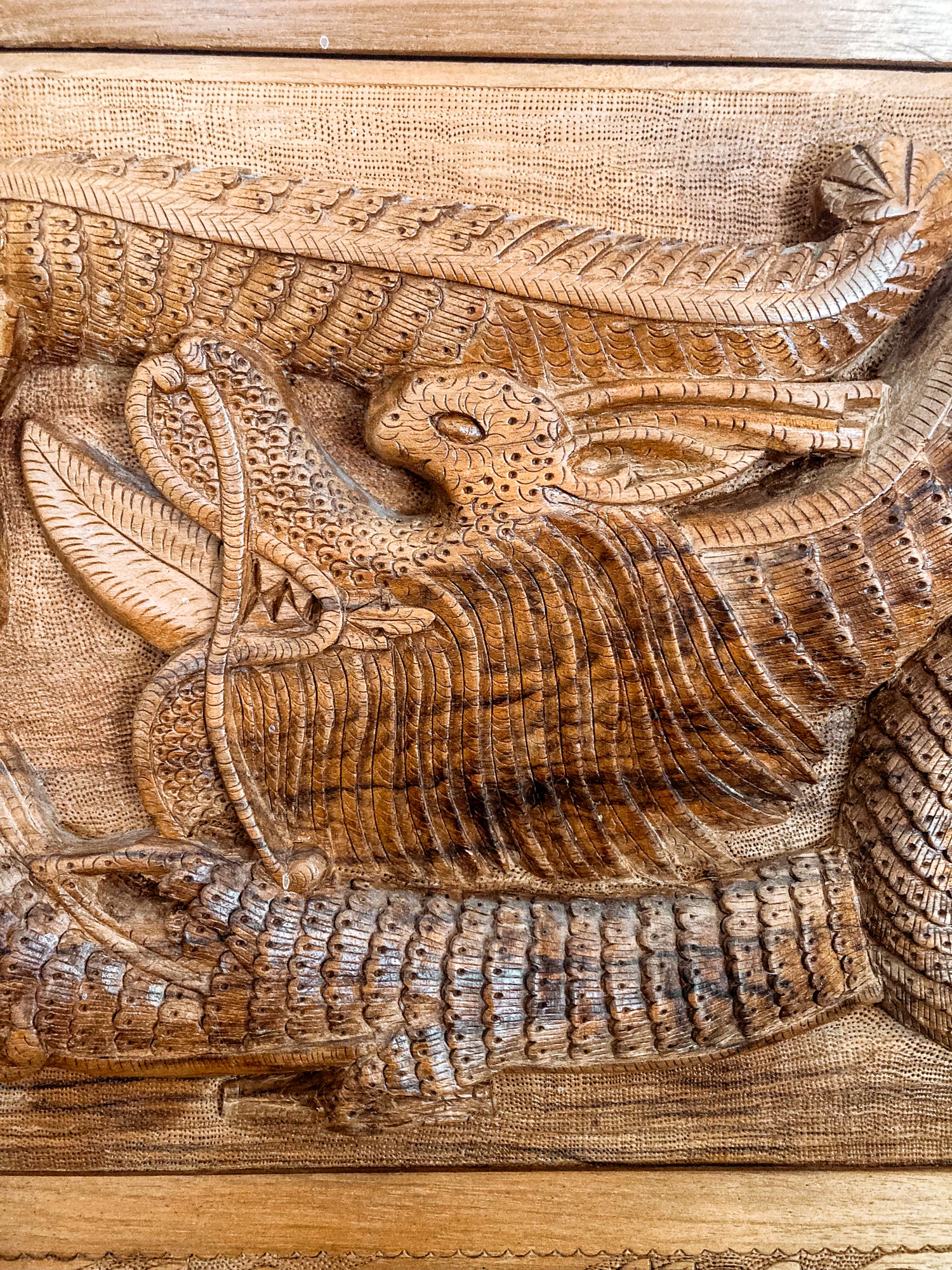 Pair of Intricately Hand Carved Relief Serpent Dragon Teak Wood Plaques - Image 5