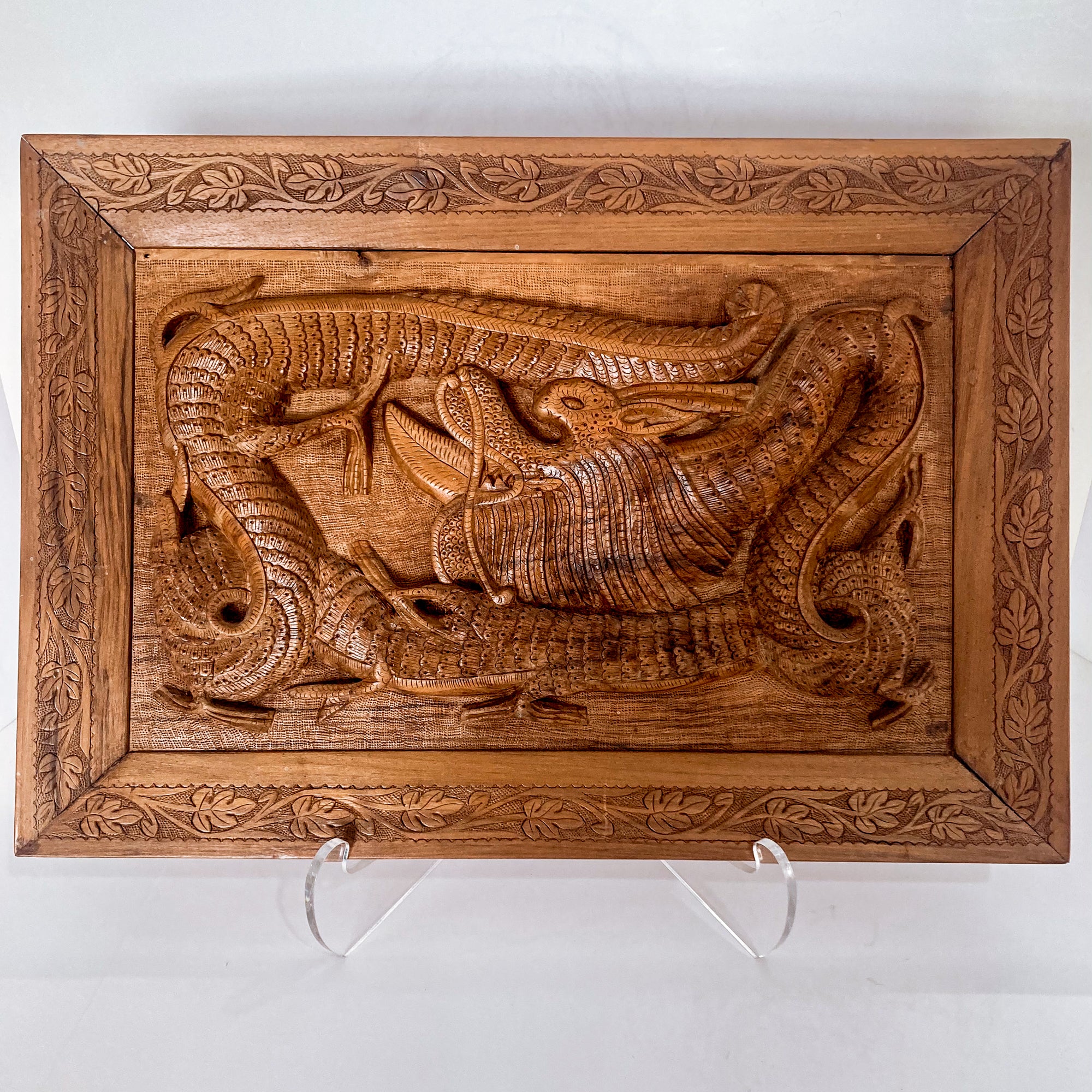 Pair of Intricately Hand Carved Relief Serpent Dragon Teak Wood Plaques - Image 8