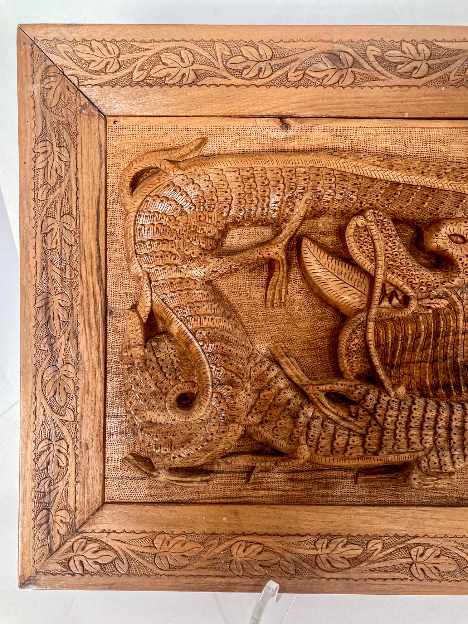 Pair of Intricately Hand Carved Relief Serpent Dragon Teak Wood Plaques - Image 9