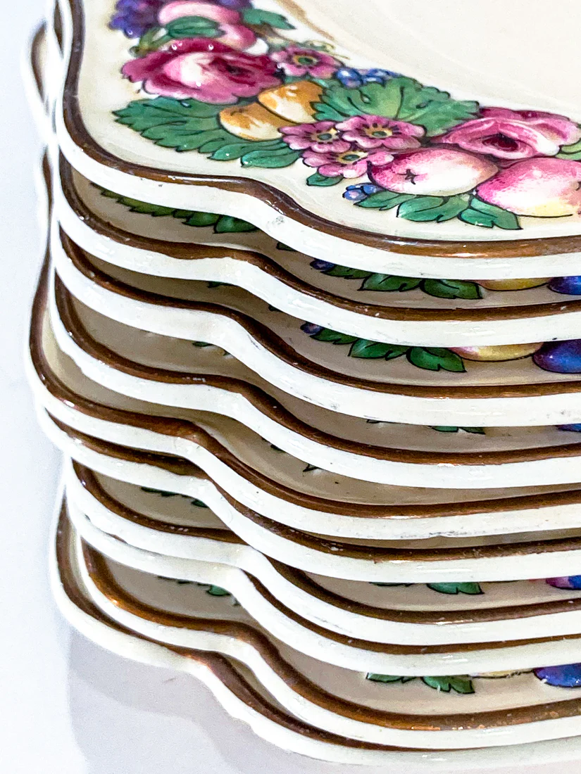 Set of Ten Vintage Crown Ducal Fruit and Flower Motif Square Florentine Dessert Salad Plates - Image 15